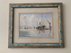Robert Allen Original Late 20th C. Industrial Maritime Harbor Watercolor