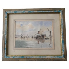 Robert Allen Original Late 20th C. Industrial Maritime Harbor Watercolor