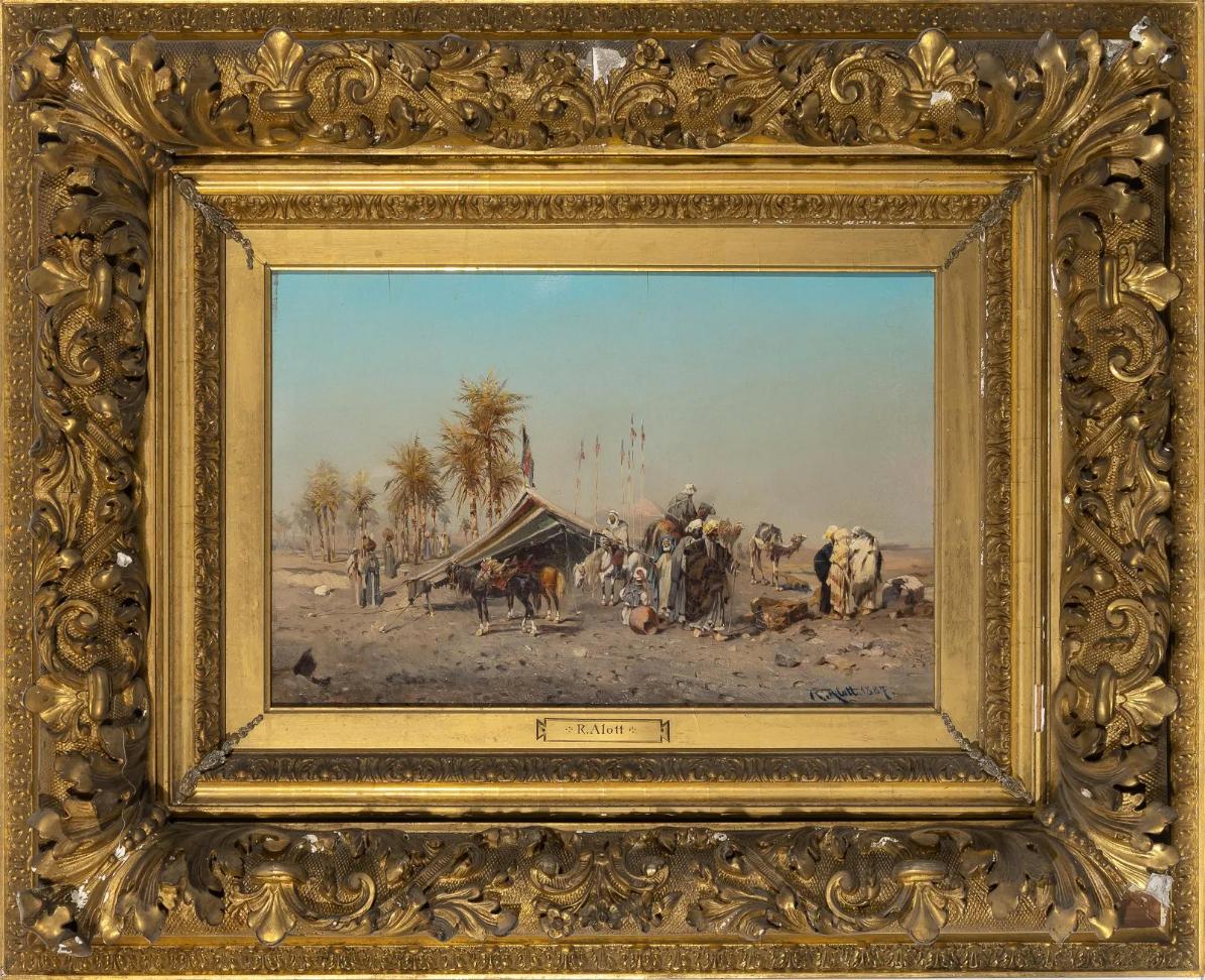 This Egyptian desert scene "An Oasis in the Desert" depicts a group of a people pitching a tent near a cluster of palm trees in view of the Ancient Egyptian Pyramids. Painted in large gestural strokes, Alott skillfully emulates the desert haze in