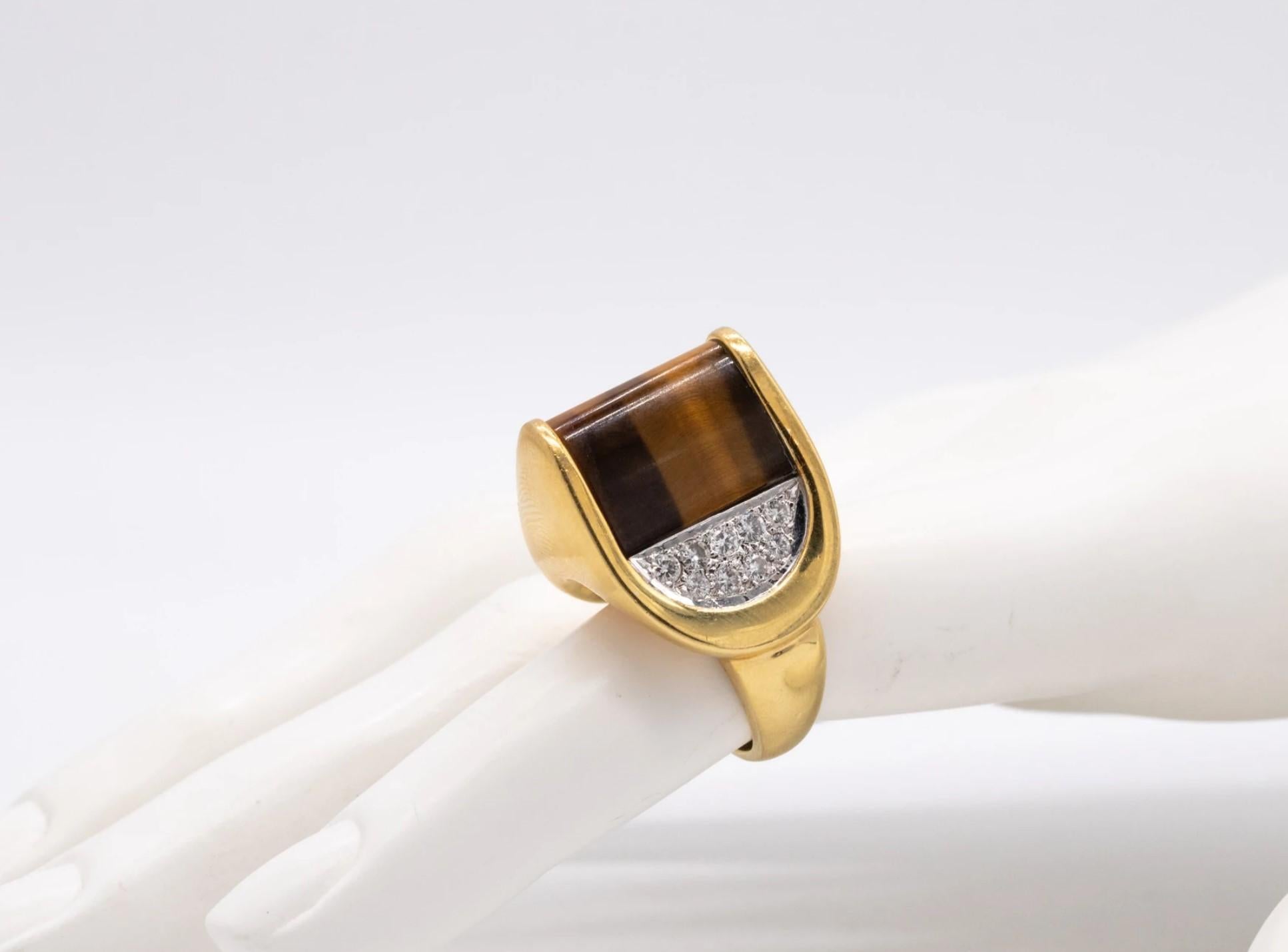 Robert Altman 1970 New York Geometric Ring 18Kt Gold 20.75 Diamonds & Tiger Eye For Sale 1