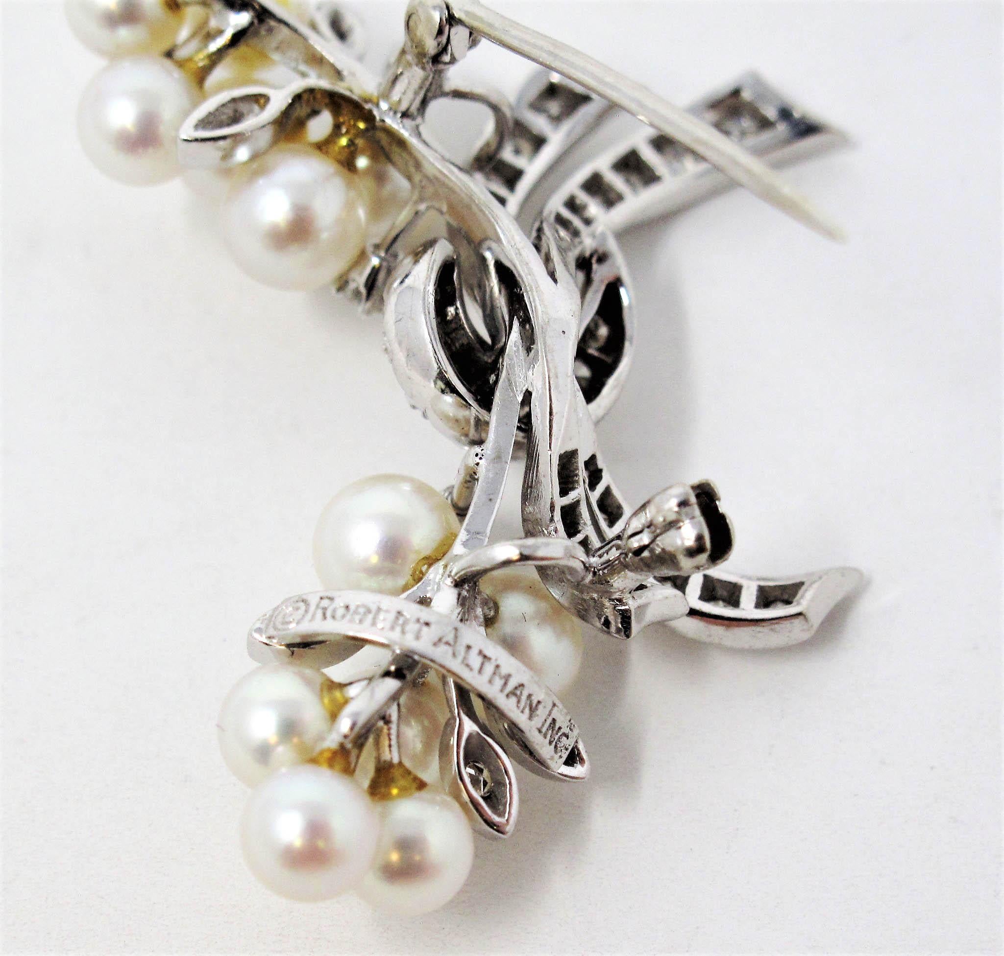 Robert Altman Diamond and Cultured Pearl Ribbon Brooch in 14 Karat White Gold In Good Condition In Scottsdale, AZ