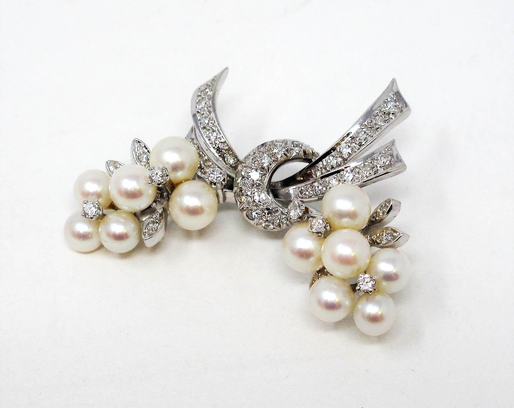 Women's Robert Altman Diamond and Cultured Pearl Ribbon Brooch in 14 Karat White Gold