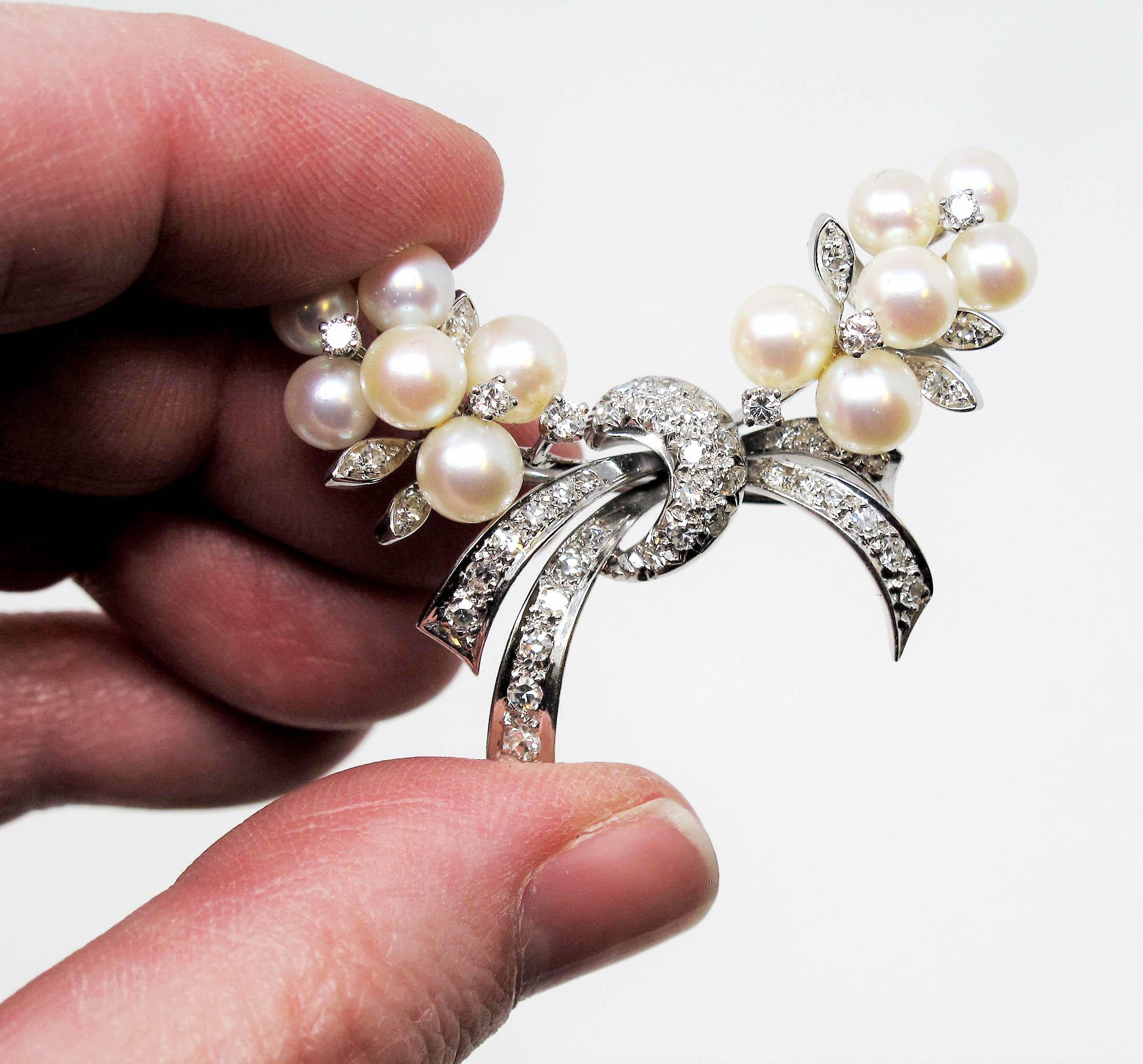 Robert Altman Diamond and Cultured Pearl Ribbon Brooch in 14 Karat White Gold 2
