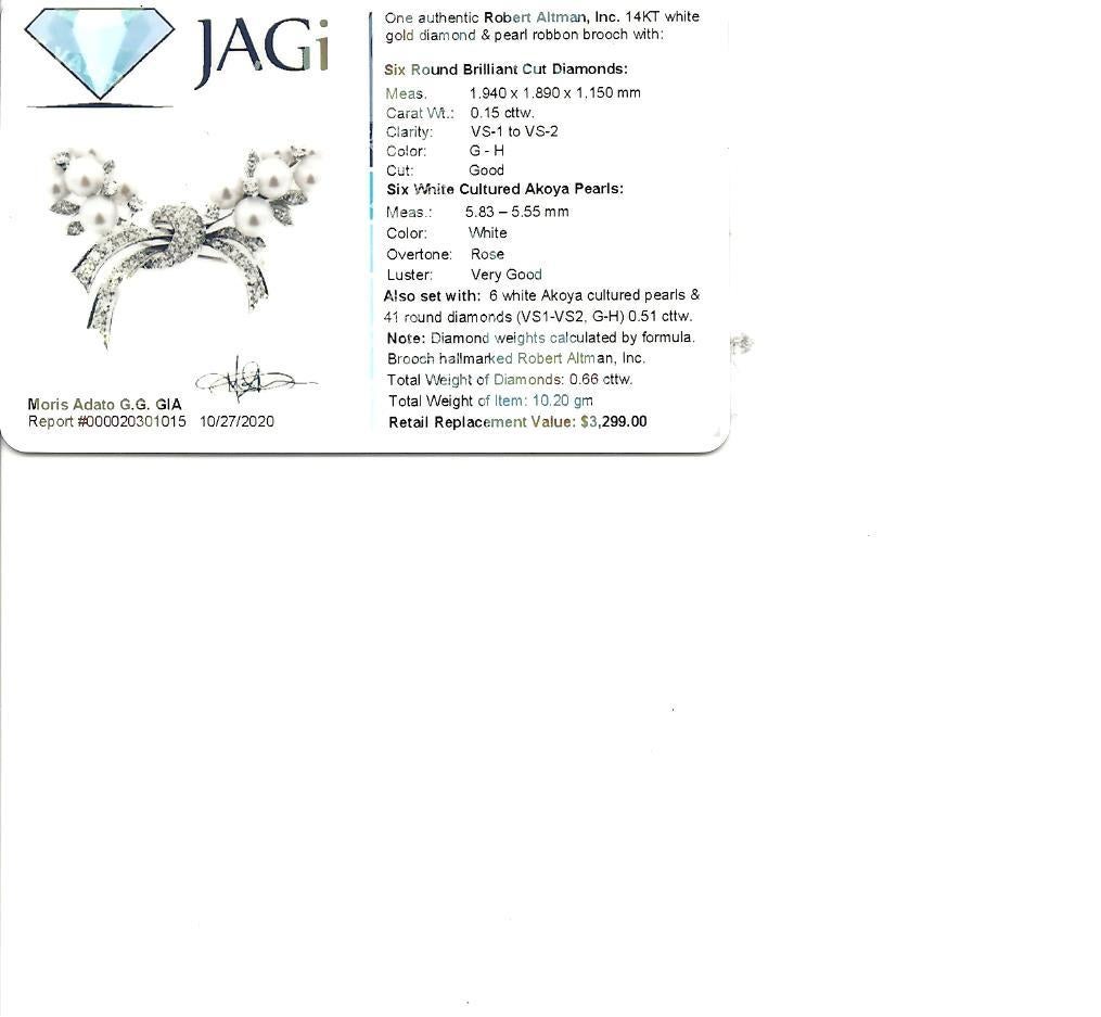 Robert Altman Diamond and Cultured Pearl Ribbon Brooch in 14 Karat White Gold 3