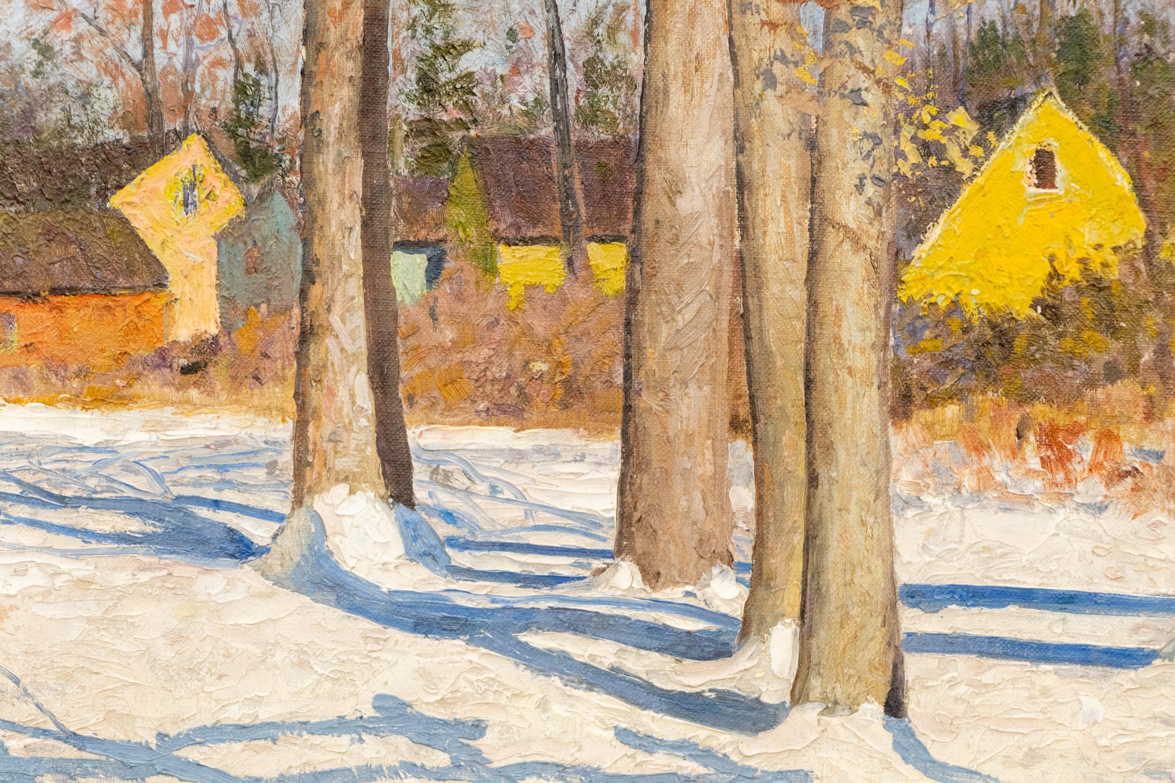 1935 Paesaggio invernale con boschetto innevato dipinto a olio - Art of Winter Vintage in vendita 1