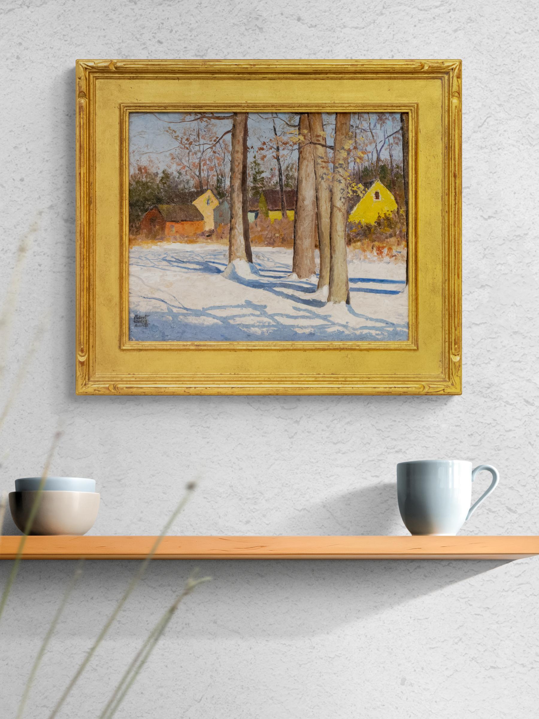 1935 Paesaggio invernale con boschetto innevato dipinto a olio - Art of Winter Vintage in vendita 3