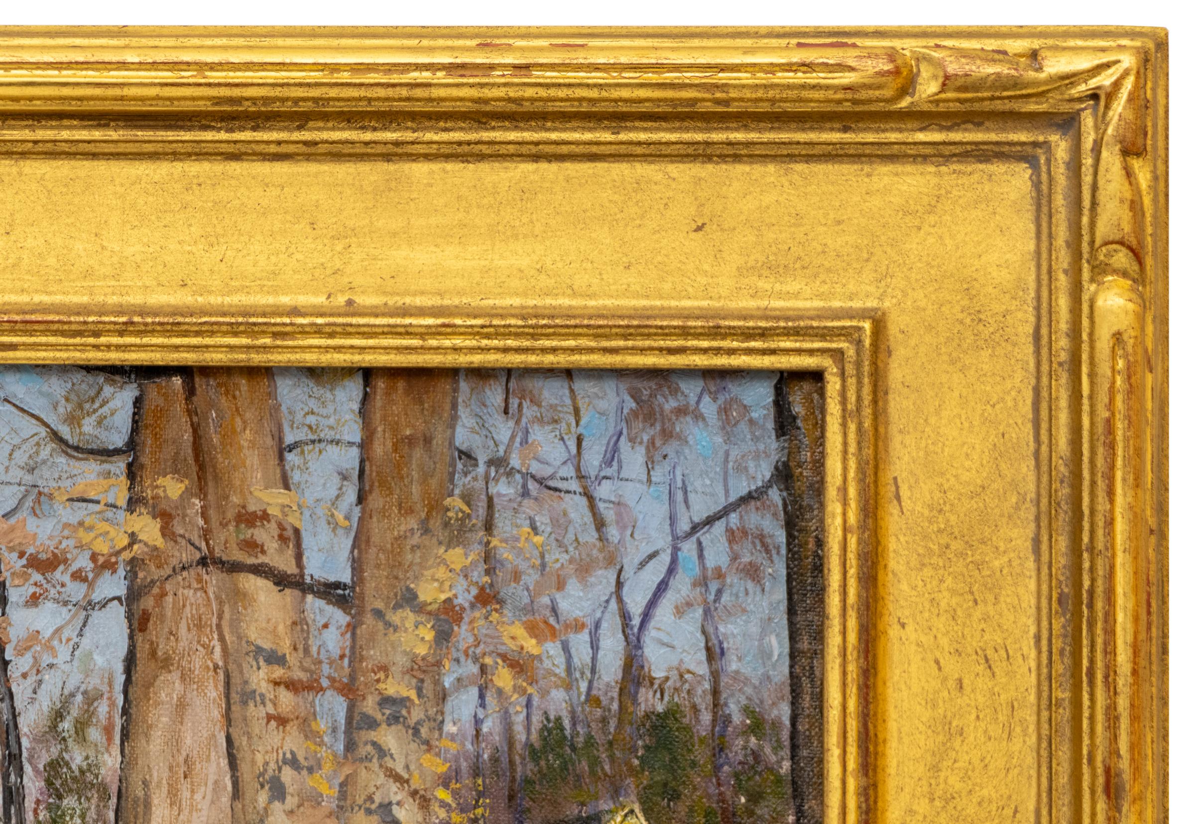 1935 Paesaggio invernale con boschetto innevato dipinto a olio - Art of Winter Vintage in vendita 4
