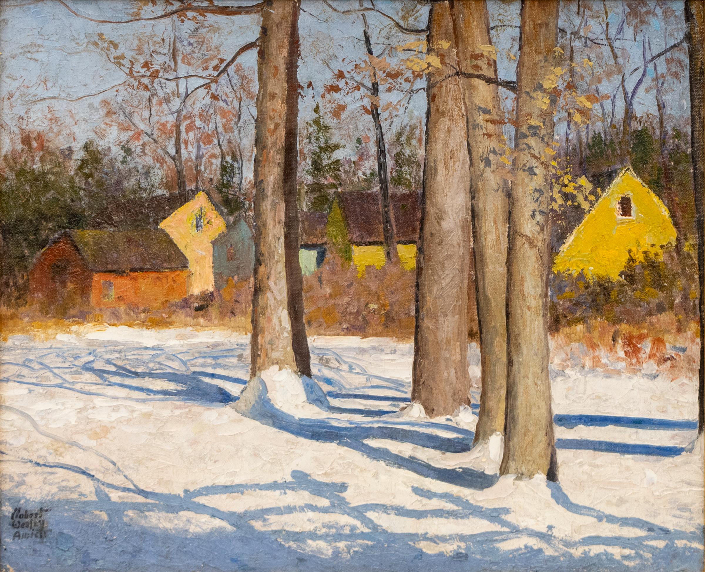 1935 Paesaggio invernale con boschetto innevato dipinto a olio - Art of Winter Vintage - Painting di Robert Amick