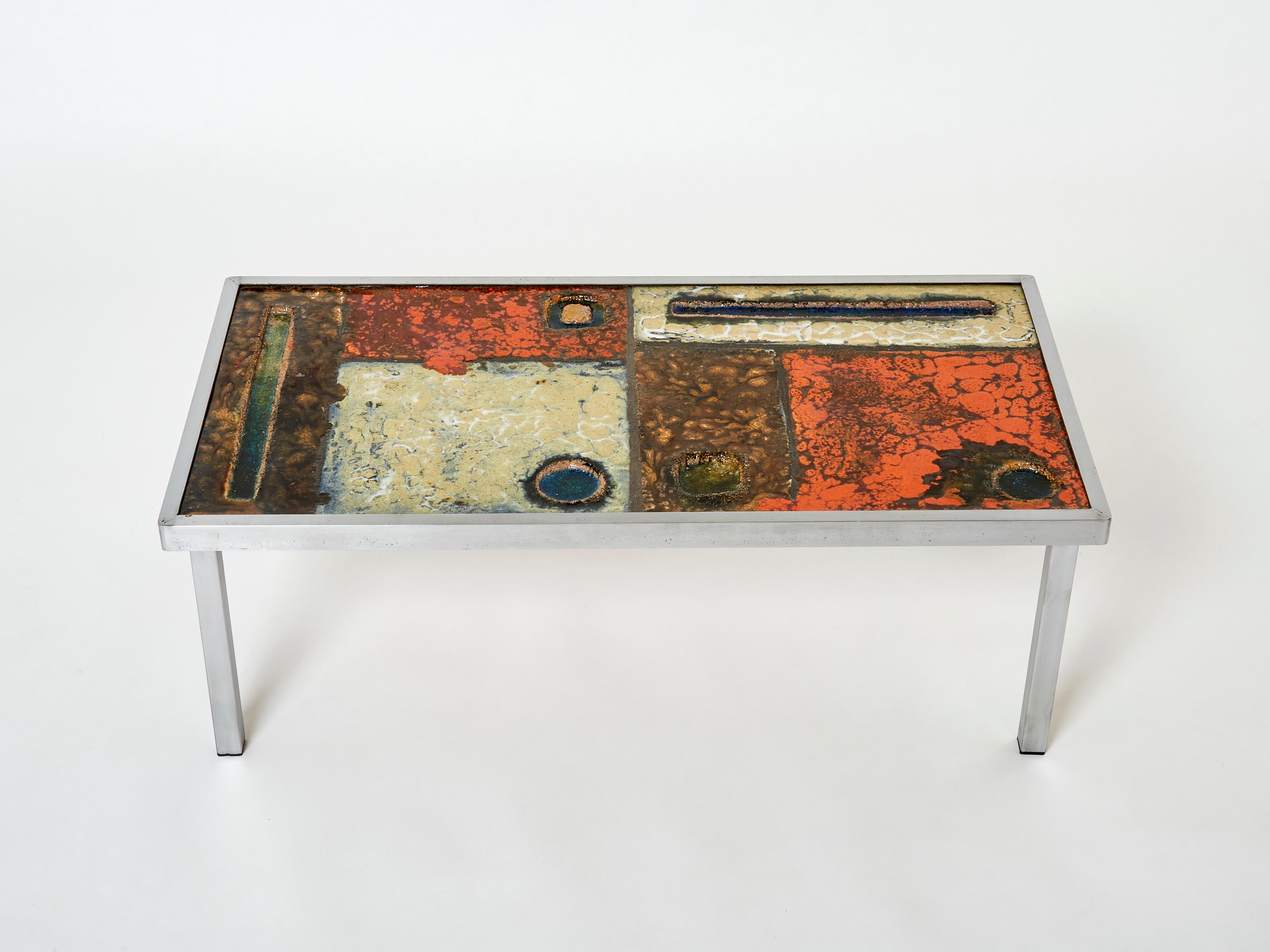 French Robert and Jean Cloutier Ceramic Steel Coffee Table, 1950s For Sale