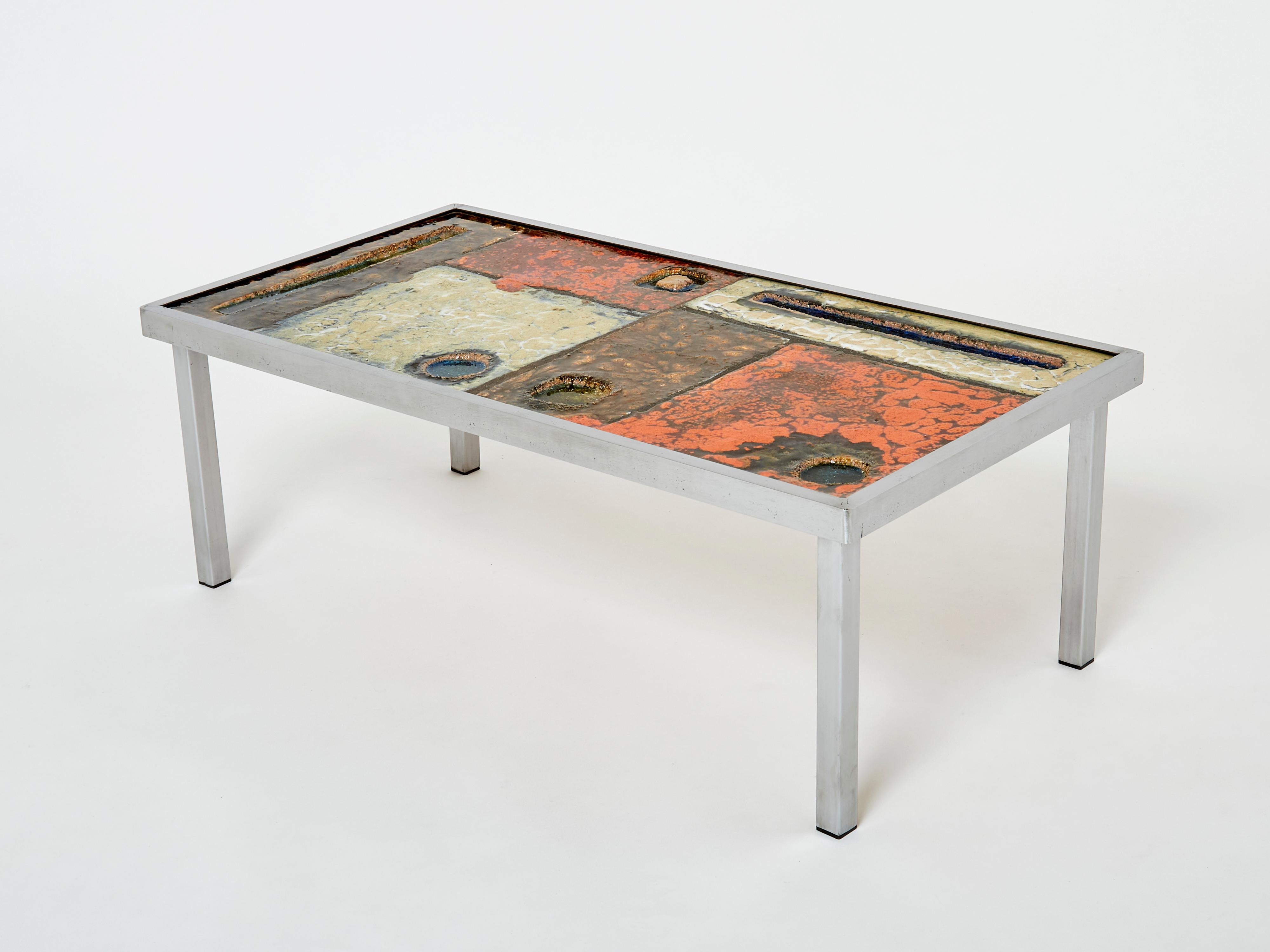 Robert and Jean Cloutier Ceramic Steel Coffee Table, 1950s In Good Condition For Sale In Paris, IDF