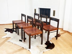 Robert and Trix Haussmann Tiger Oak and Saddle Leather Dining Chairs Midcentury