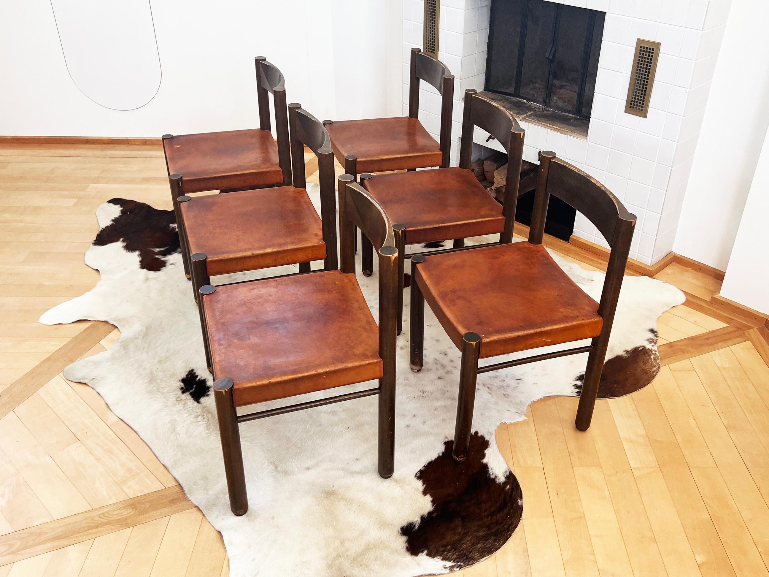 Mid-Century Modern Robert and Trix Haussmann Tiger Oak and Saddle Leather Dining Chairs Midcentury