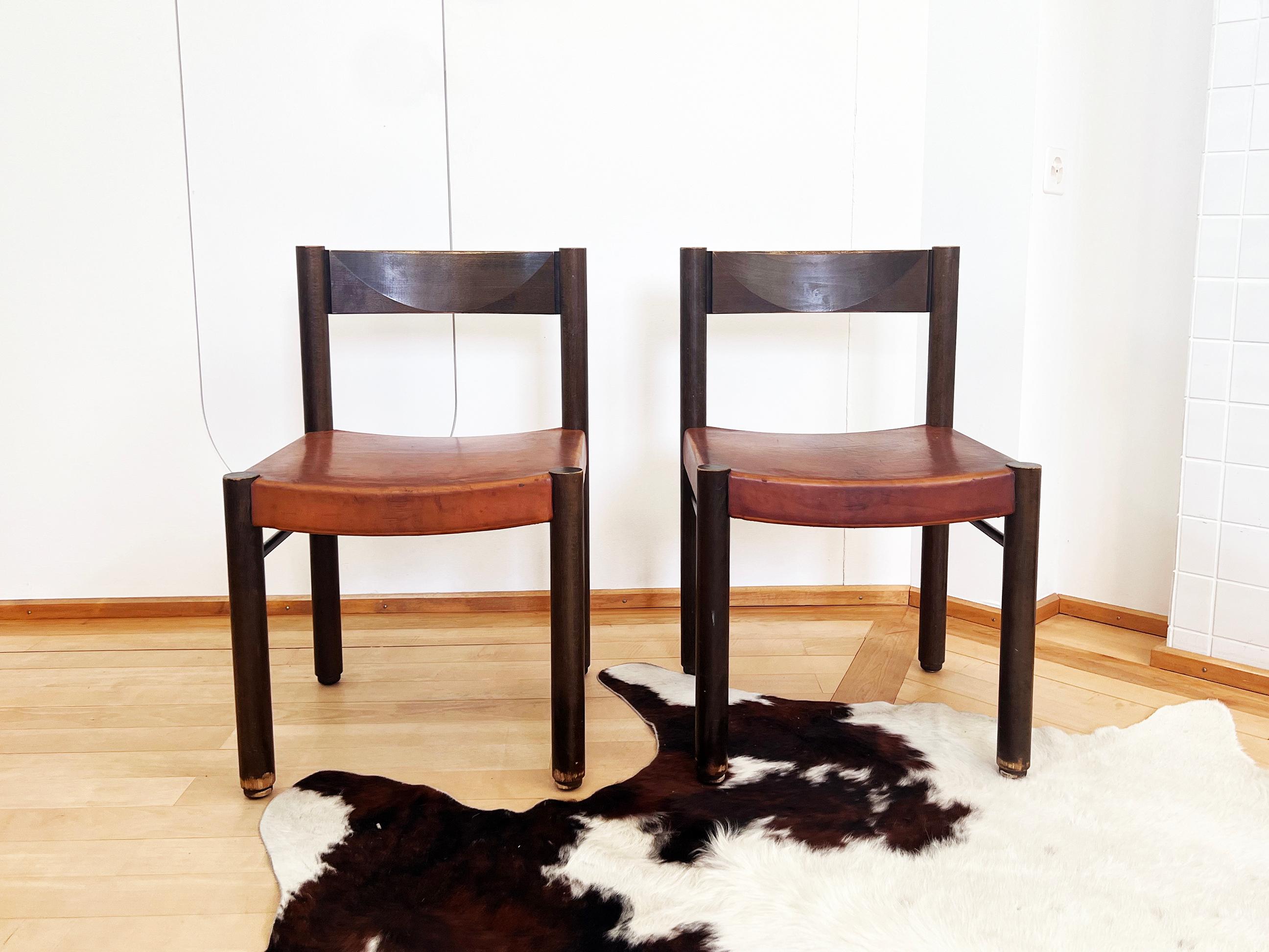 Swiss Robert and Trix Haussmann Tiger Oak and Saddle Leather Dining Chairs Midcentury