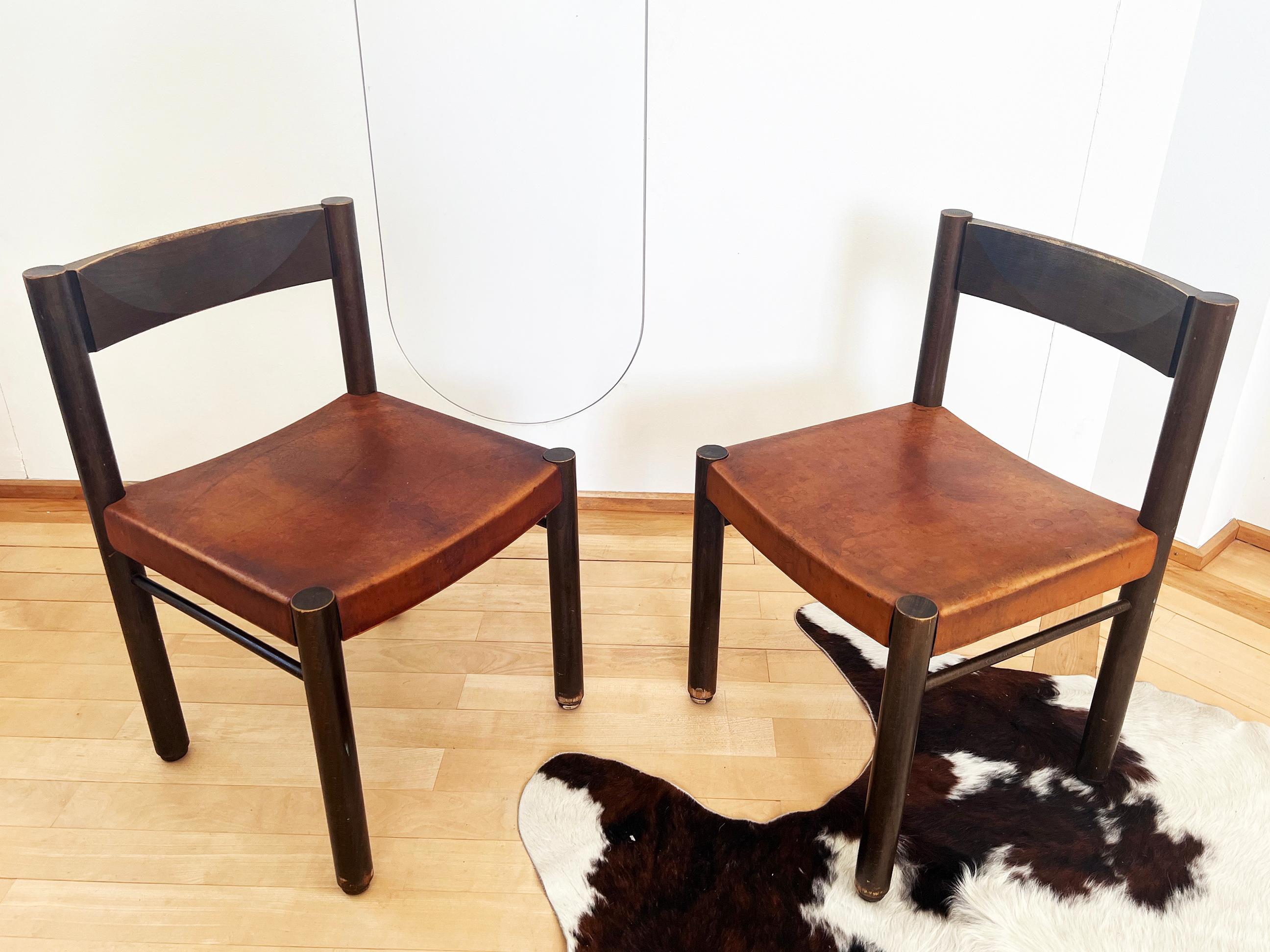 Mid-20th Century Robert and Trix Haussmann Tiger Oak and Saddle Leather Dining Chairs Midcentury