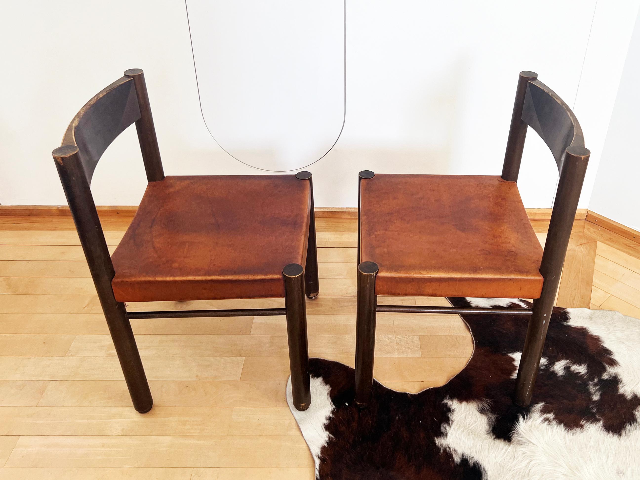 Robert and Trix Haussmann Tiger Oak and Saddle Leather Dining Chairs Midcentury 1