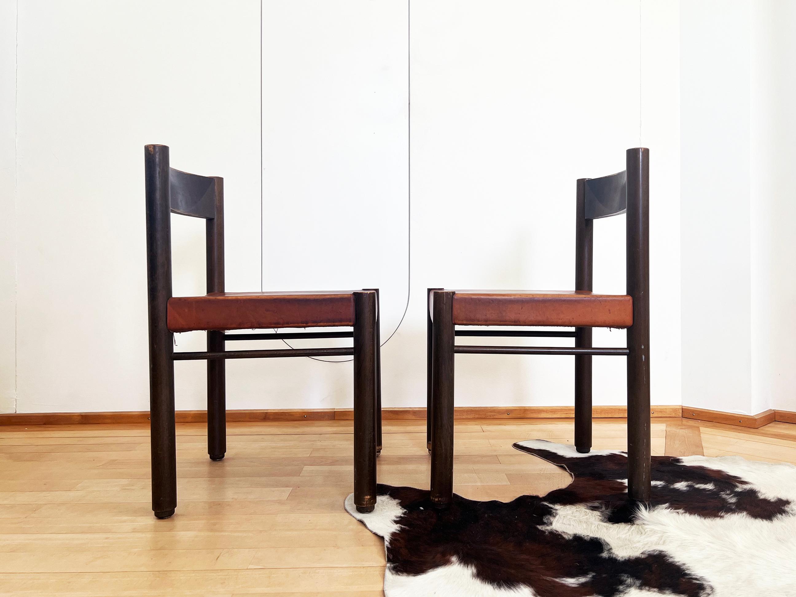 Robert and Trix Haussmann Tiger Oak and Saddle Leather Dining Chairs Midcentury 2