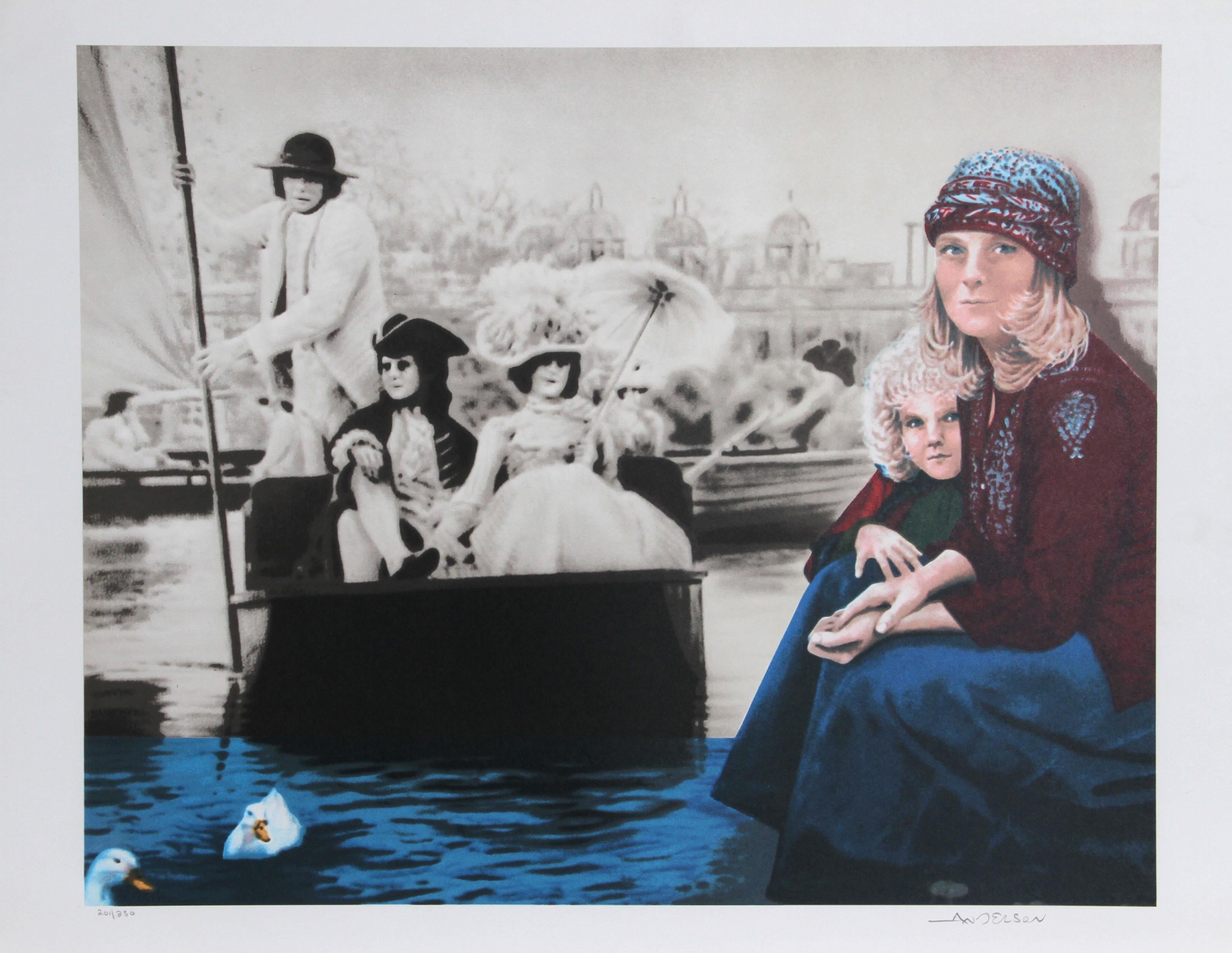 Robert Anderson, estadounidense (1945 - 2010) - Alimentando a los patos, Año:  1980, Medio:  Litografía, firmada y numerada a lápiz, Edición:  250, AP, Tamaño de la imagen:  19,5 x 25 pulgadas, Tamaño:  55,88 cm x 76,2 cm, Descripción:  En este