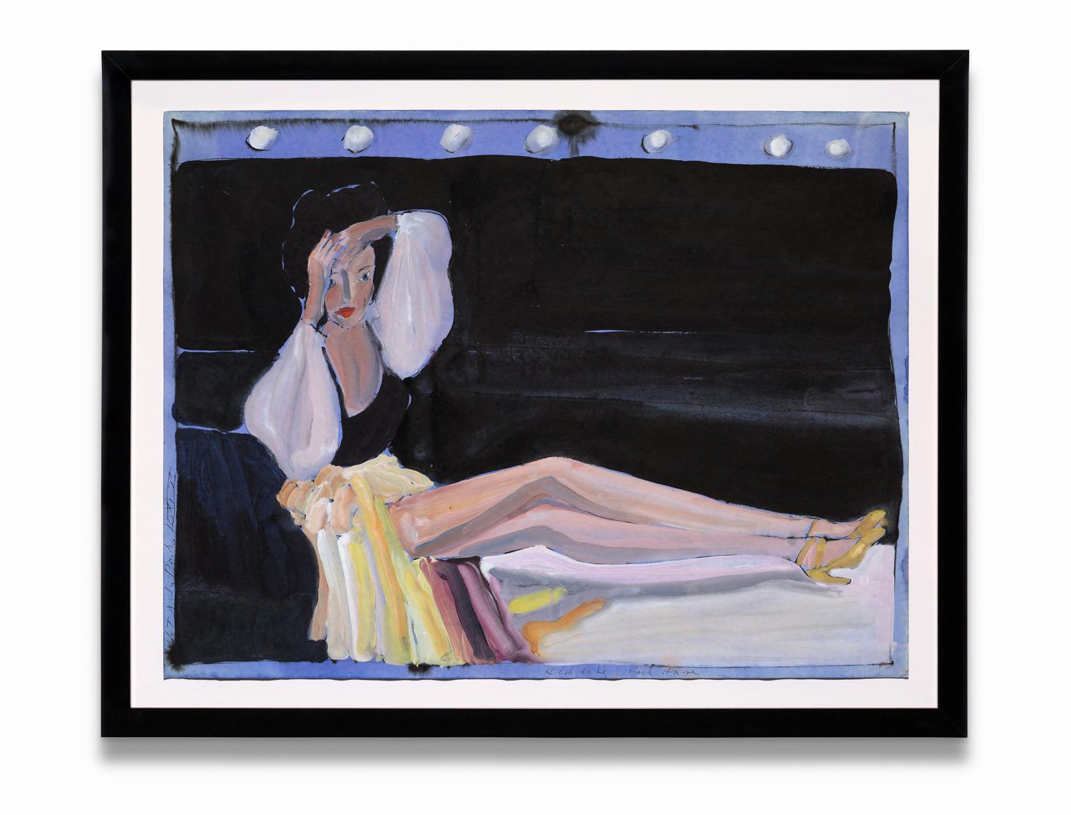 Robert Andrew Parker Figurative Painting - "Headache Backstage", Lounging Female Figure, Gouache on Paper