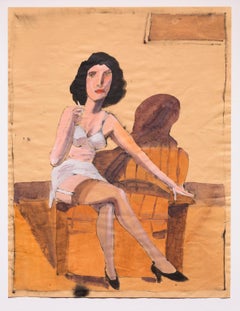 "Seated Figure With Cigarette", Partially Nude Female, Watercolor on Paper