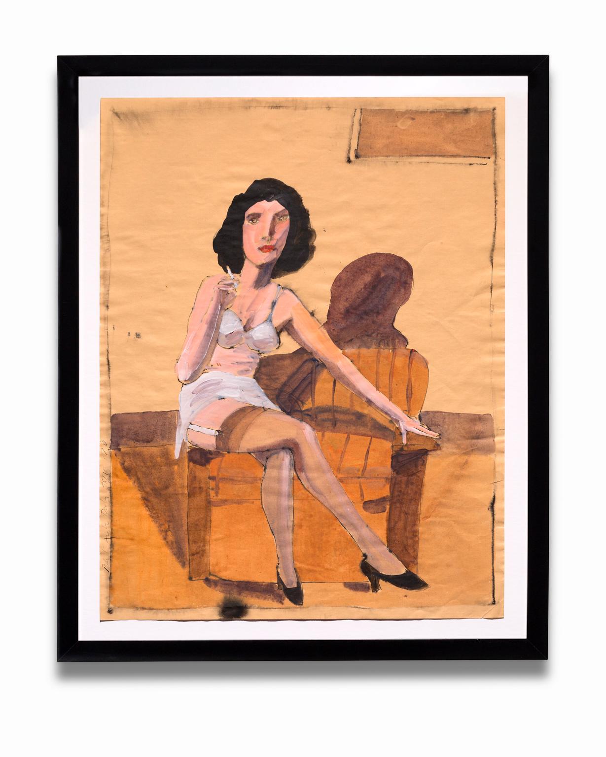 "Seated Figure With Cigarette", Partially Nude Female, Watercolor on Paper