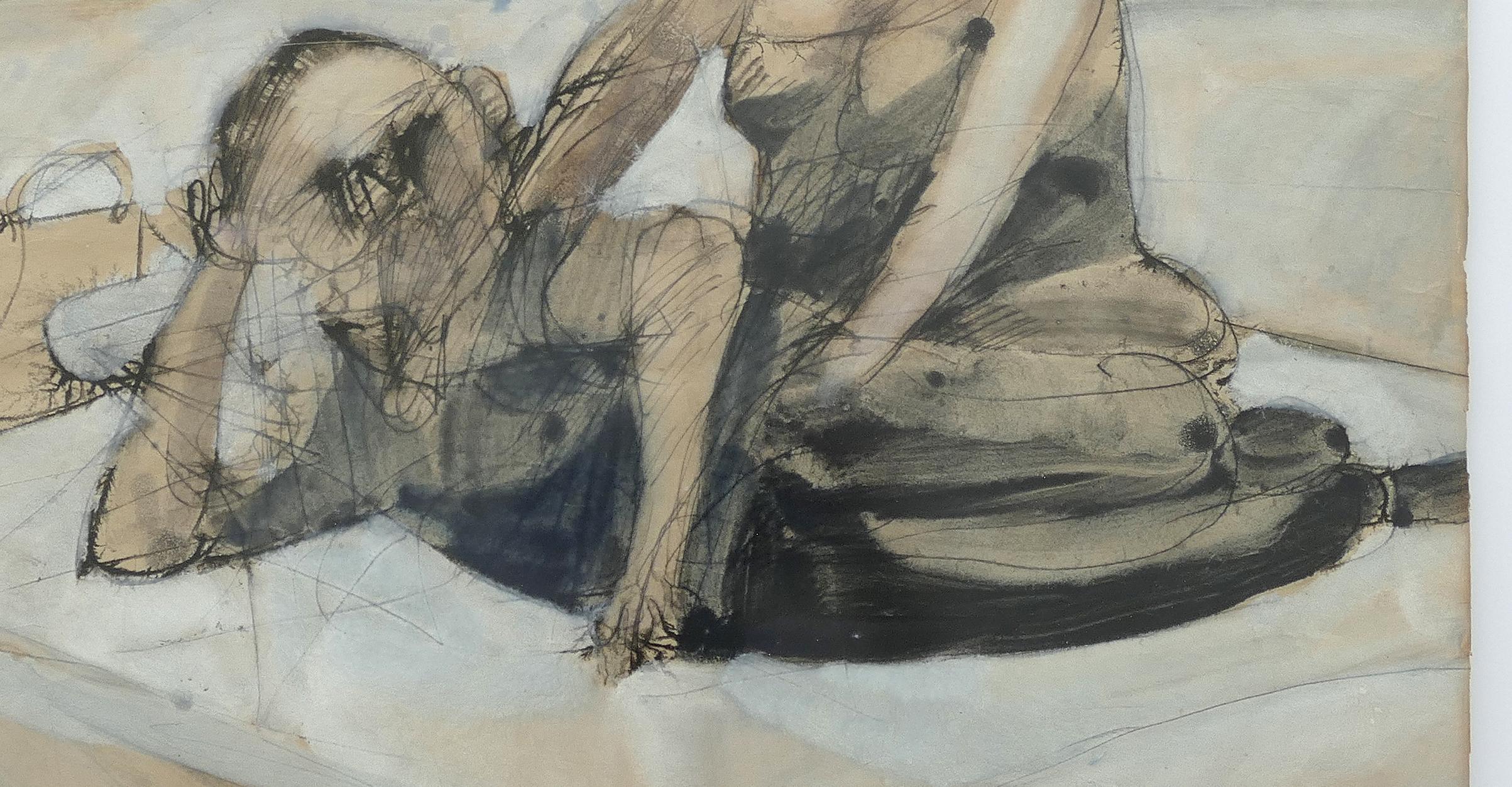 Robert Andrew Parker abstract painting, aquatint and ink figures at The Beach

Offered is an alluring vintage mixed media aquatint painting on paper with ink by the listed American artist Robert Andrew Parker. The work shows distressed edges of