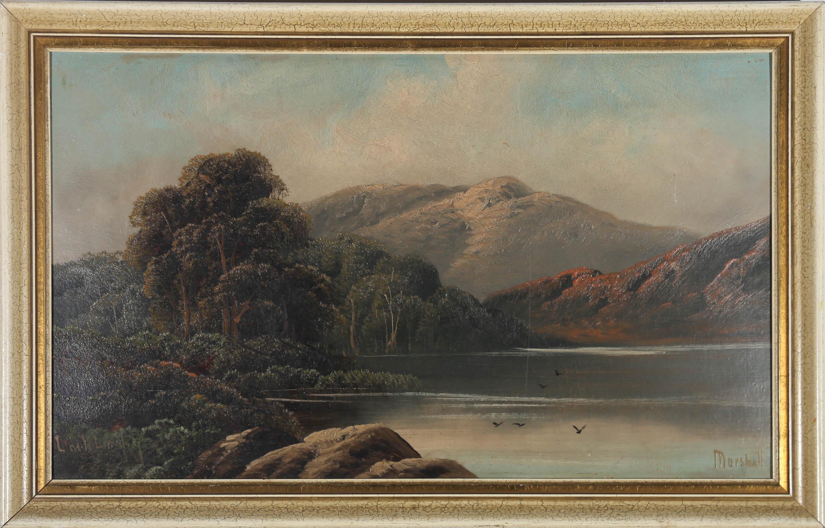 This charming oil depicts a Scottish loch scene with birds gliding over the water. Immaculately presented in a cream and gilt frame with a delicate crazing-effect. Signed and inscribed with the title. On board.
