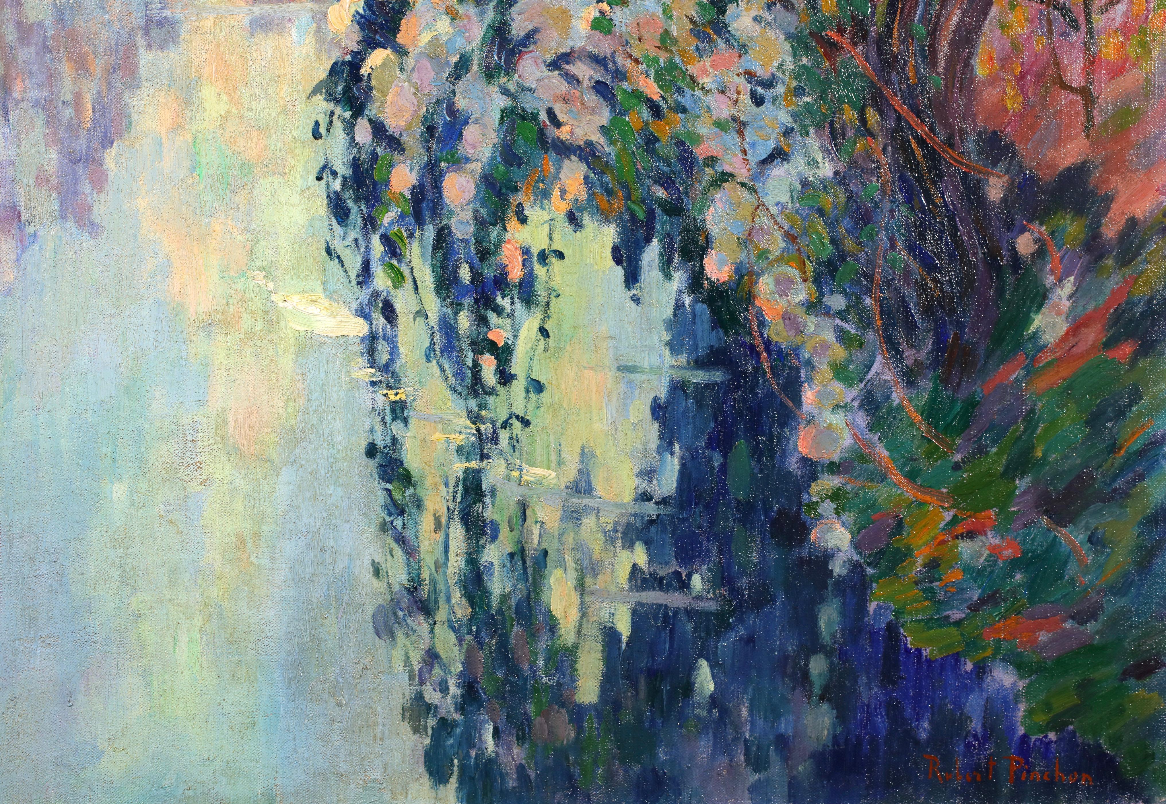 Arbres en fleurs - Post Impressionist River Landscape Oil by Robert Pinchon For Sale 4