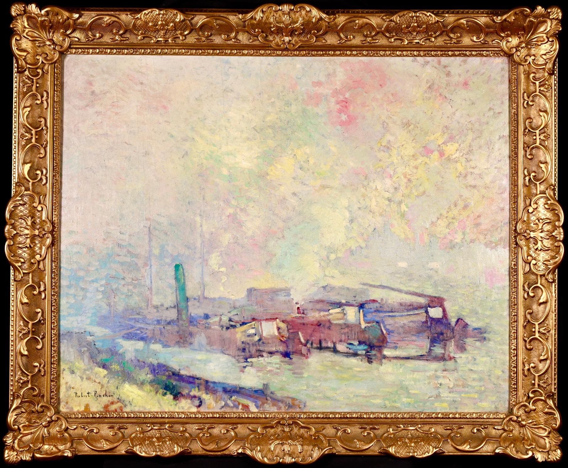 Bords du Seine à Rouen, Post Impressionist Fauvist Oil, Riverscape by RA Pinchon