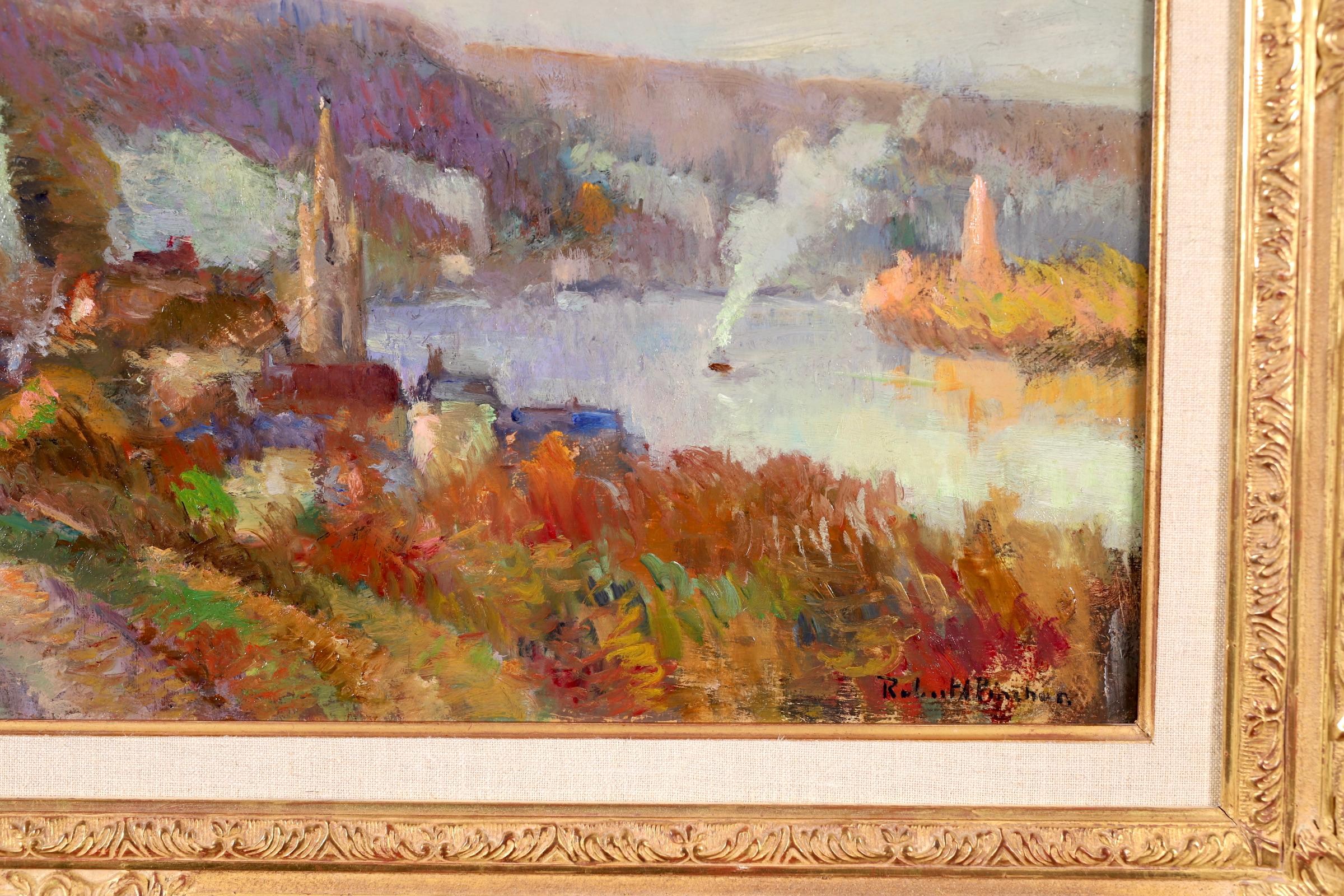 Duclair - La Seine - Huile post-impressionniste, paysage de rivière par Robert Pinchon en vente 3