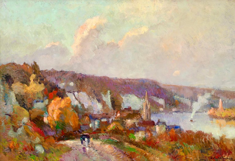 Duclair - La Seine - Post Impressionist Oil, River Landscape by Robert Pinchon - Painting by Robert Antoine Pinchon