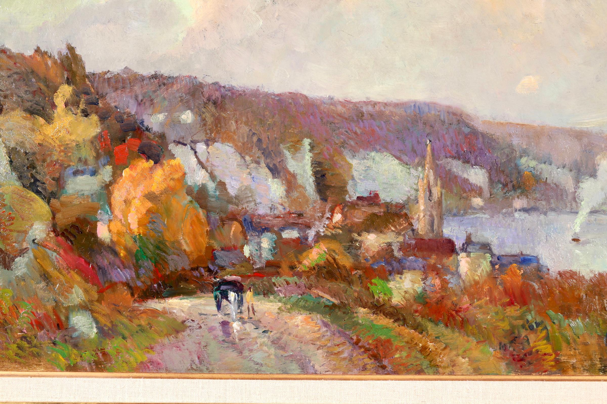 Duclair - La Senna - Olio post impressionista, Paesaggio fluviale di Robert The Pinchon - Figurative Painting Beige di Robert Antoine Pinchon