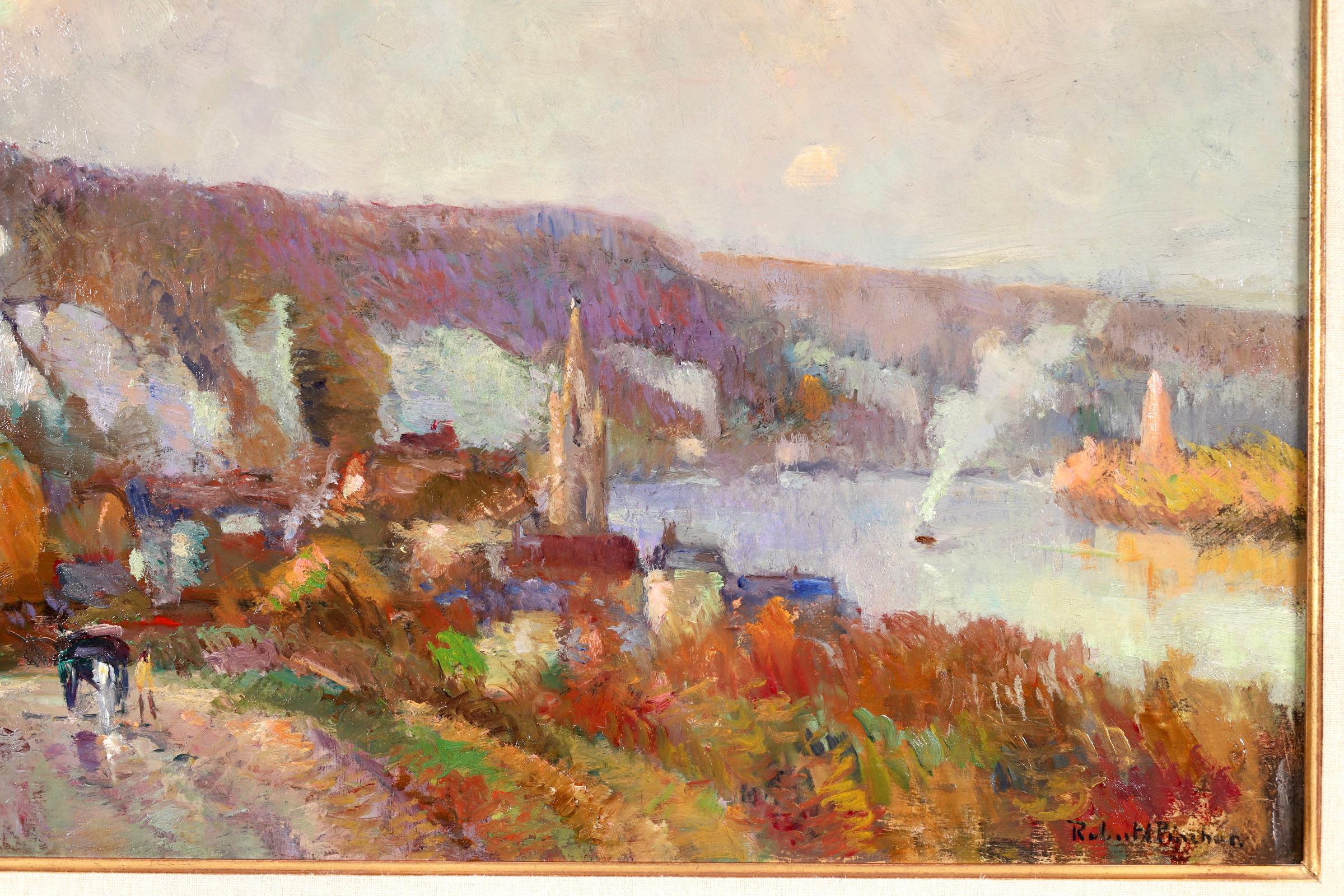 Duclair - La Seine - Huile post-impressionniste, paysage de rivière par Robert Pinchon - Post-impressionnisme Painting par Robert Antoine Pinchon
