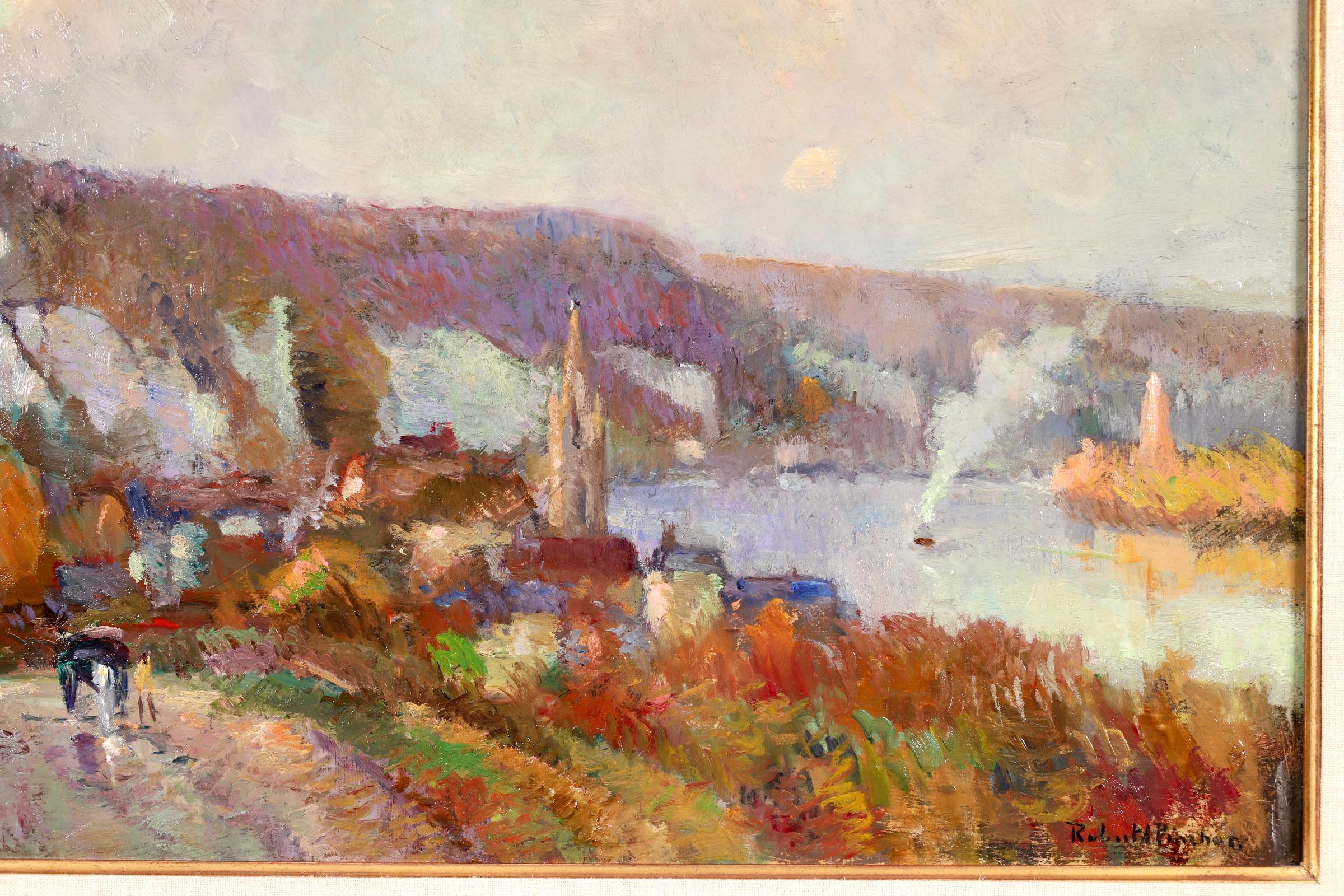 Duclair - La Seine - Huile post-impressionniste, paysage de rivière par Robert Pinchon - Beige Figurative Painting par Robert Antoine Pinchon
