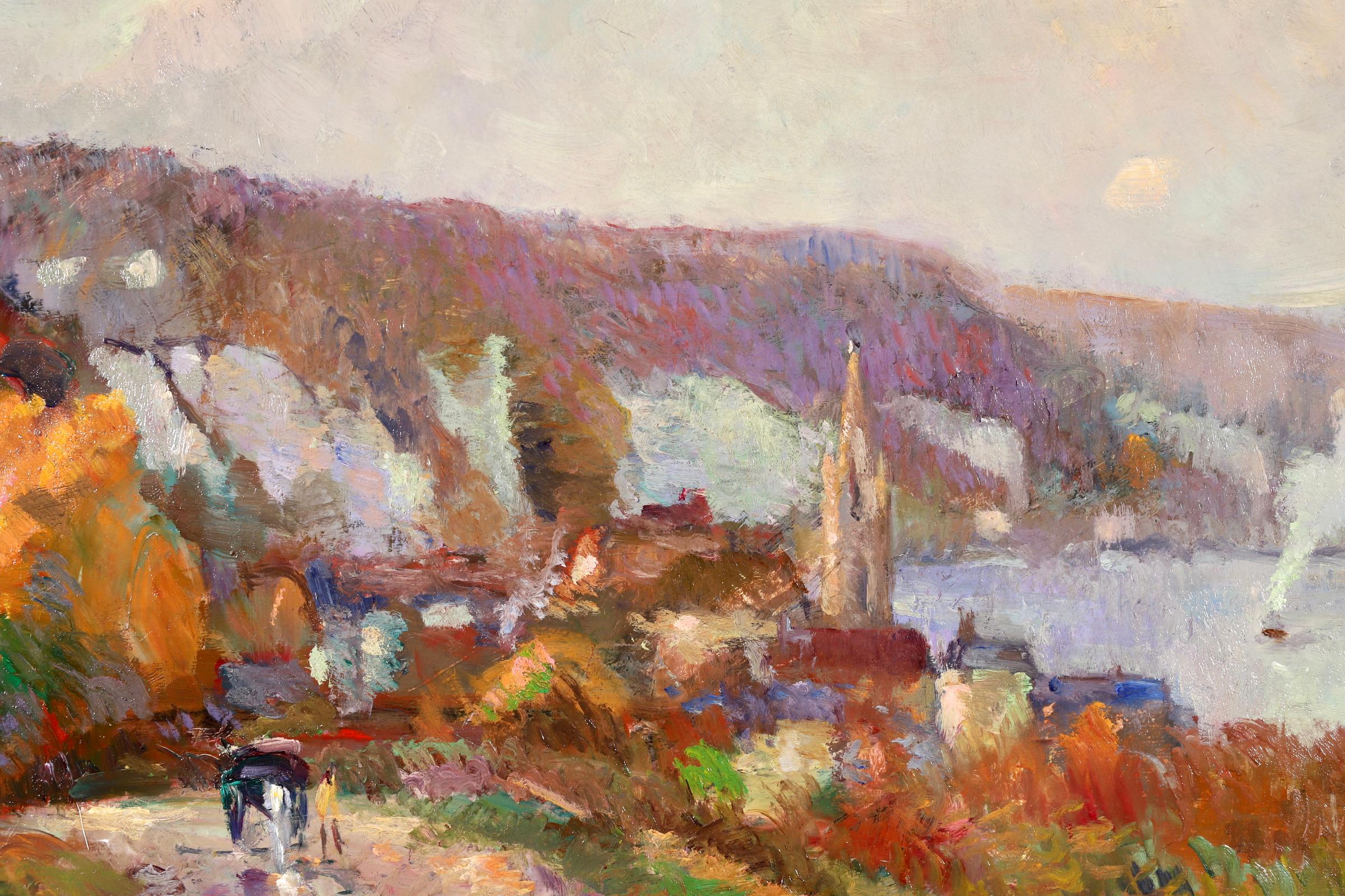 Huile sur toile signée Fauviste, paysage de rivière vers 1920 par le peintre post-impressionniste français Robert Antoine Pinchon. L'œuvre représente une vue de la Seine qui traverse Duclair, dans la région de Normandie, dans le nord de la France.
