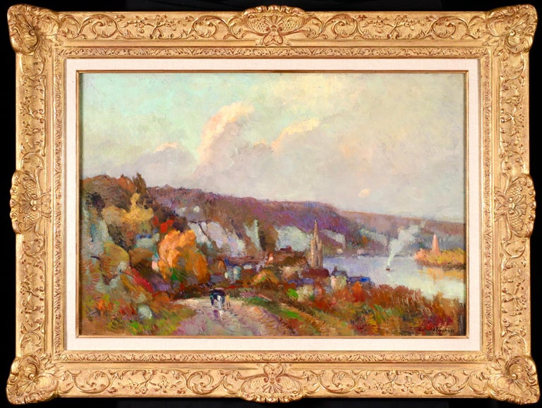 Robert Antoine Pinchon Figurative Painting - Duclair - La Seine - Post Impressionist Oil, River Landscape by Robert Pinchon