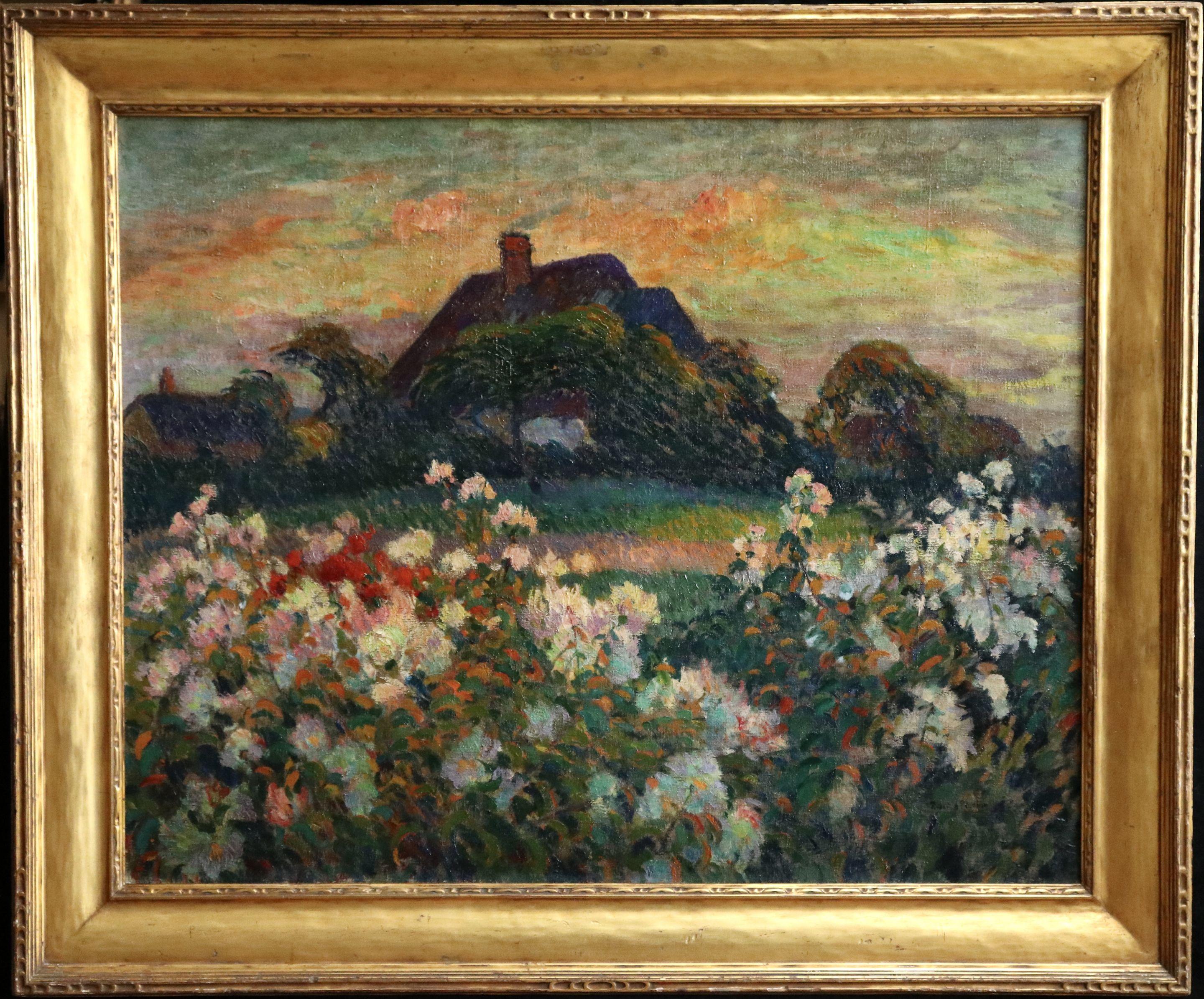 Fleurs de Champs - Huile du 20ème siècle:: Fleurs par Cottage dans un paysage de Pinchon - Post-impressionnisme Painting par Robert Antoine Pinchon