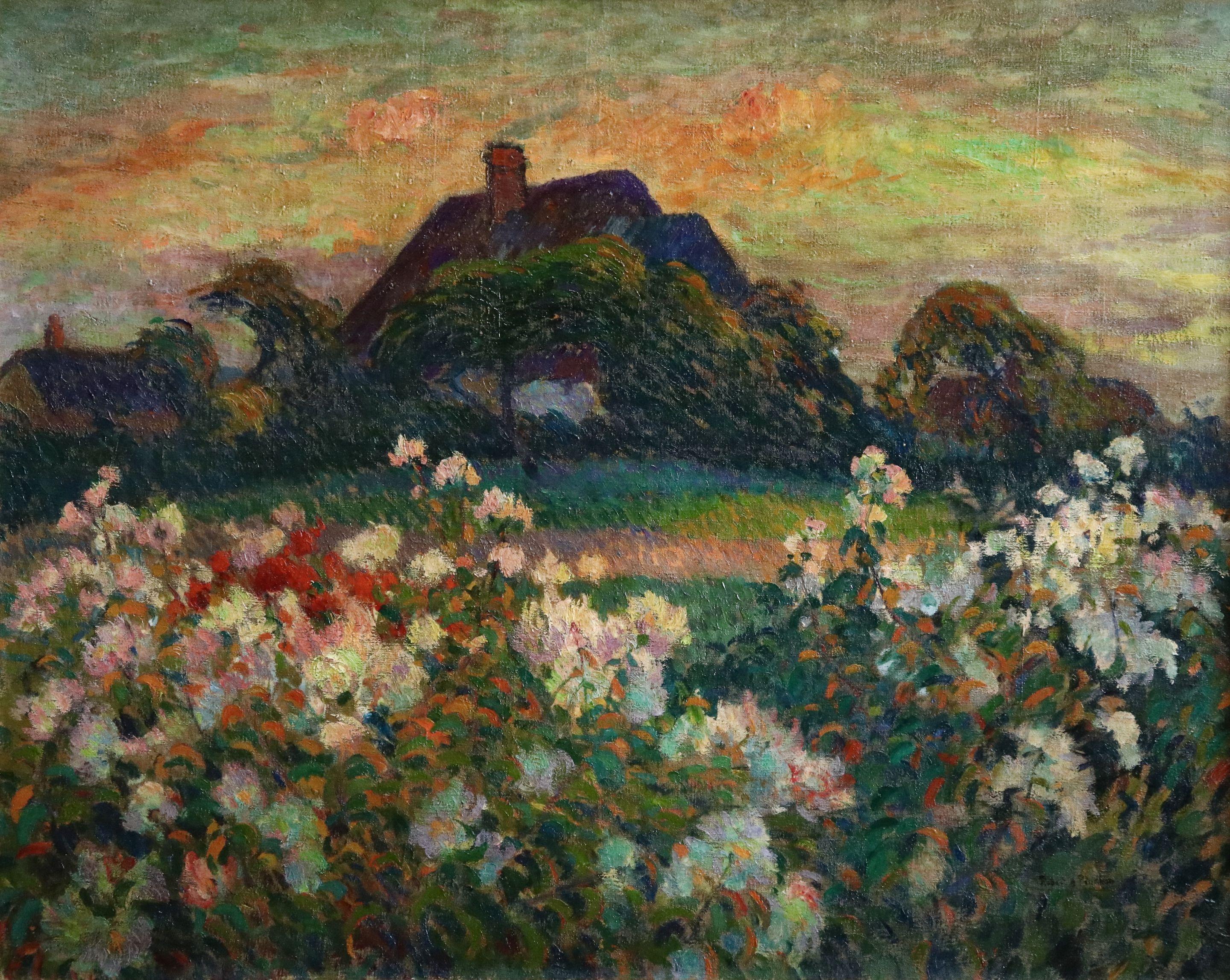 Fleurs de Champs - Huile du 20ème siècle:: Fleurs par Cottage dans un paysage de Pinchon - Painting de Robert Antoine Pinchon