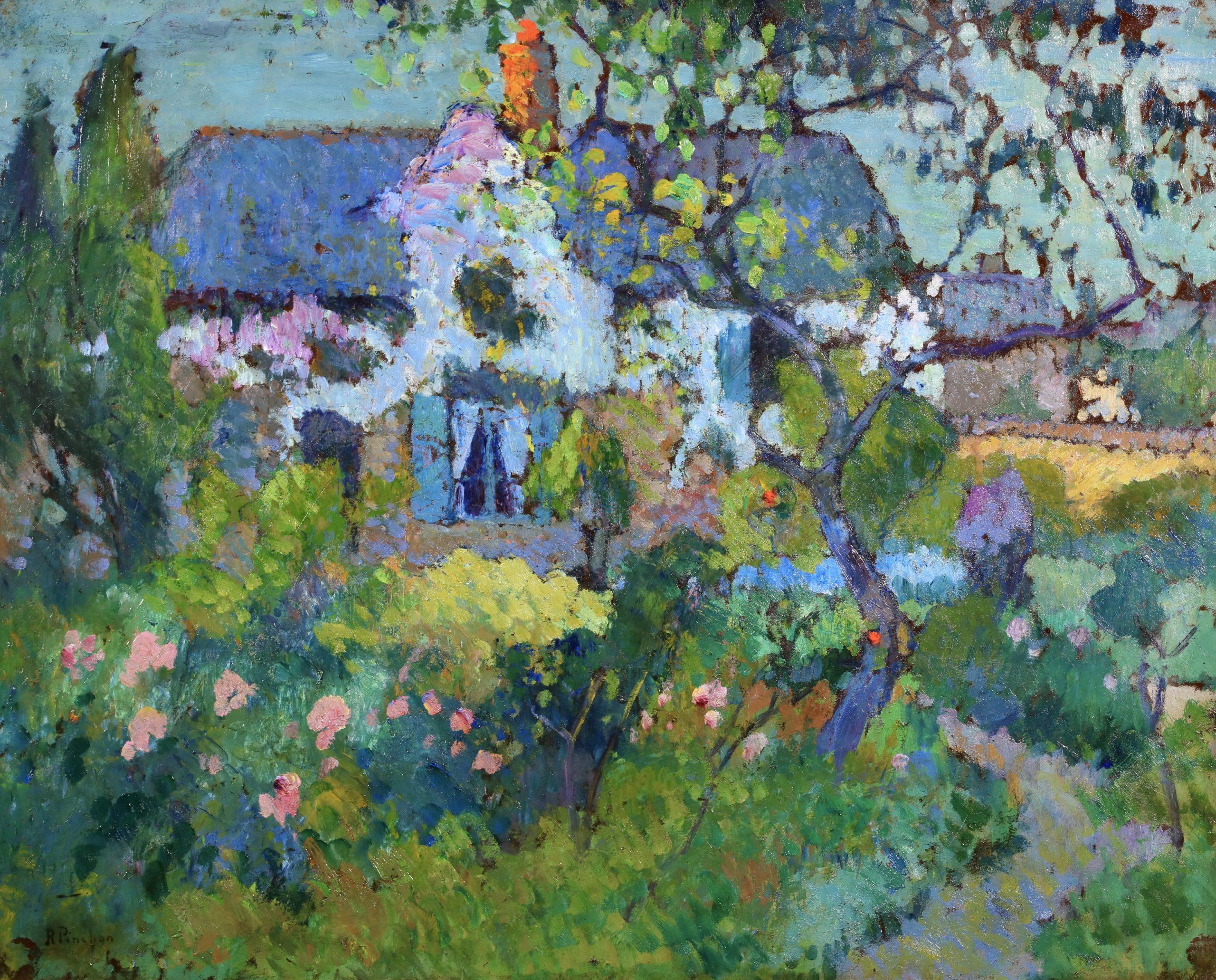 Le Jardin Fleuri - Paesaggio post impressionista dipinto a olio da Robert The Pinchon - Painting di Robert Antoine Pinchon