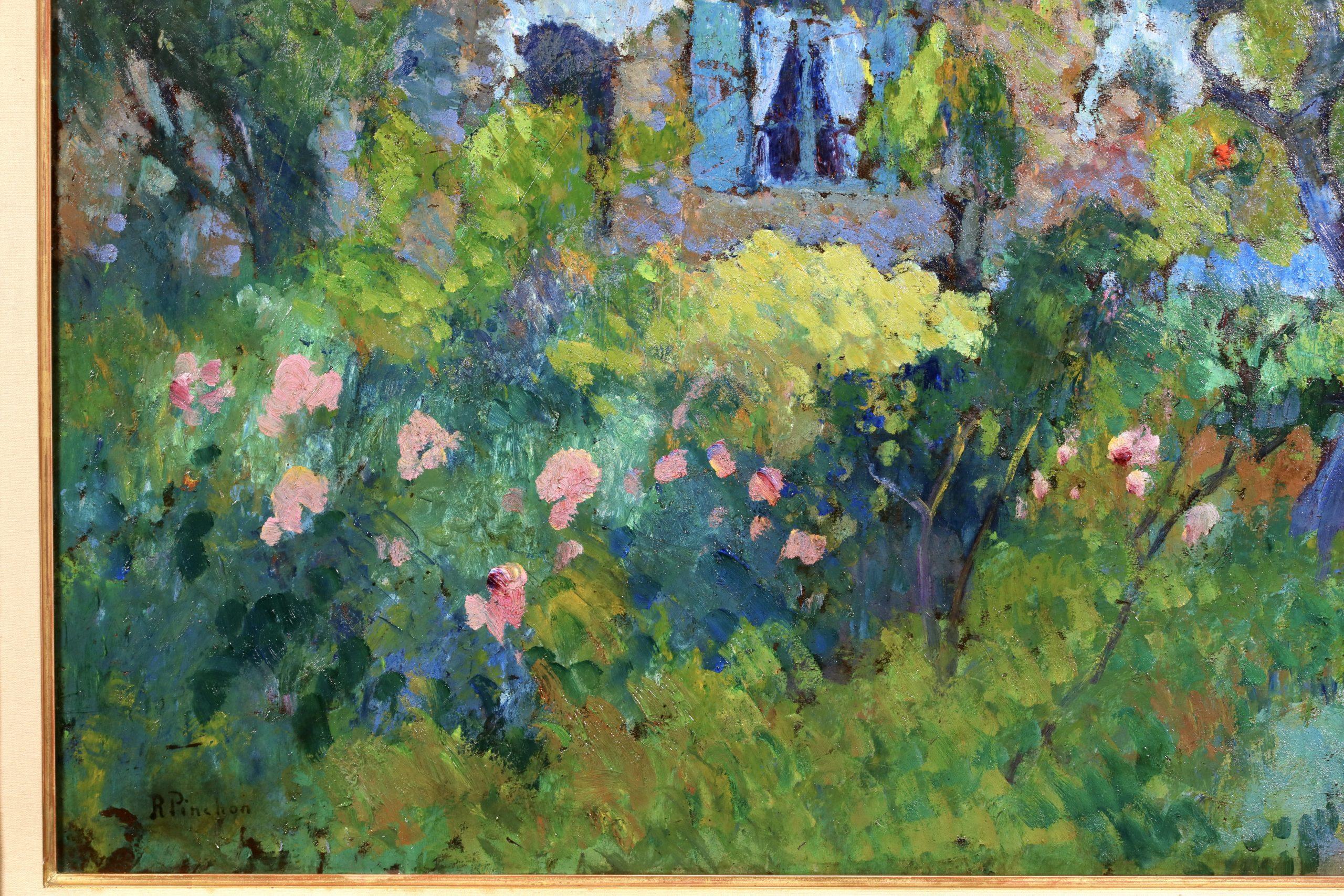 Paesaggio fauvista su tavola firmato dal pittore francese post impressionista Robert Antoine Pinchon. L'opera raffigura una casetta bianca e il suo giardino in fiore. Il sole sta tramontando e l'ultima luce del giorno può essere vista illuminare il