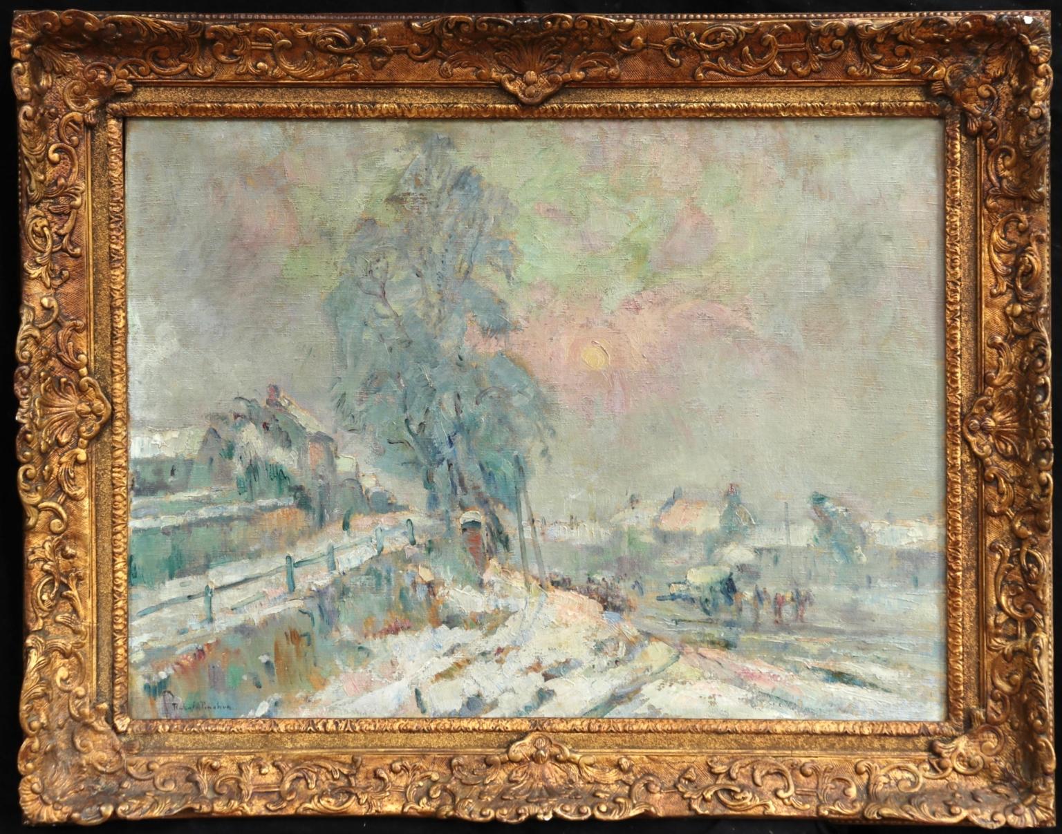 Près de Rouen - Huile impressionniste du 19ème siècle:: Paysage enneigé de Robert Pinchon - Painting de Robert Antoine Pinchon