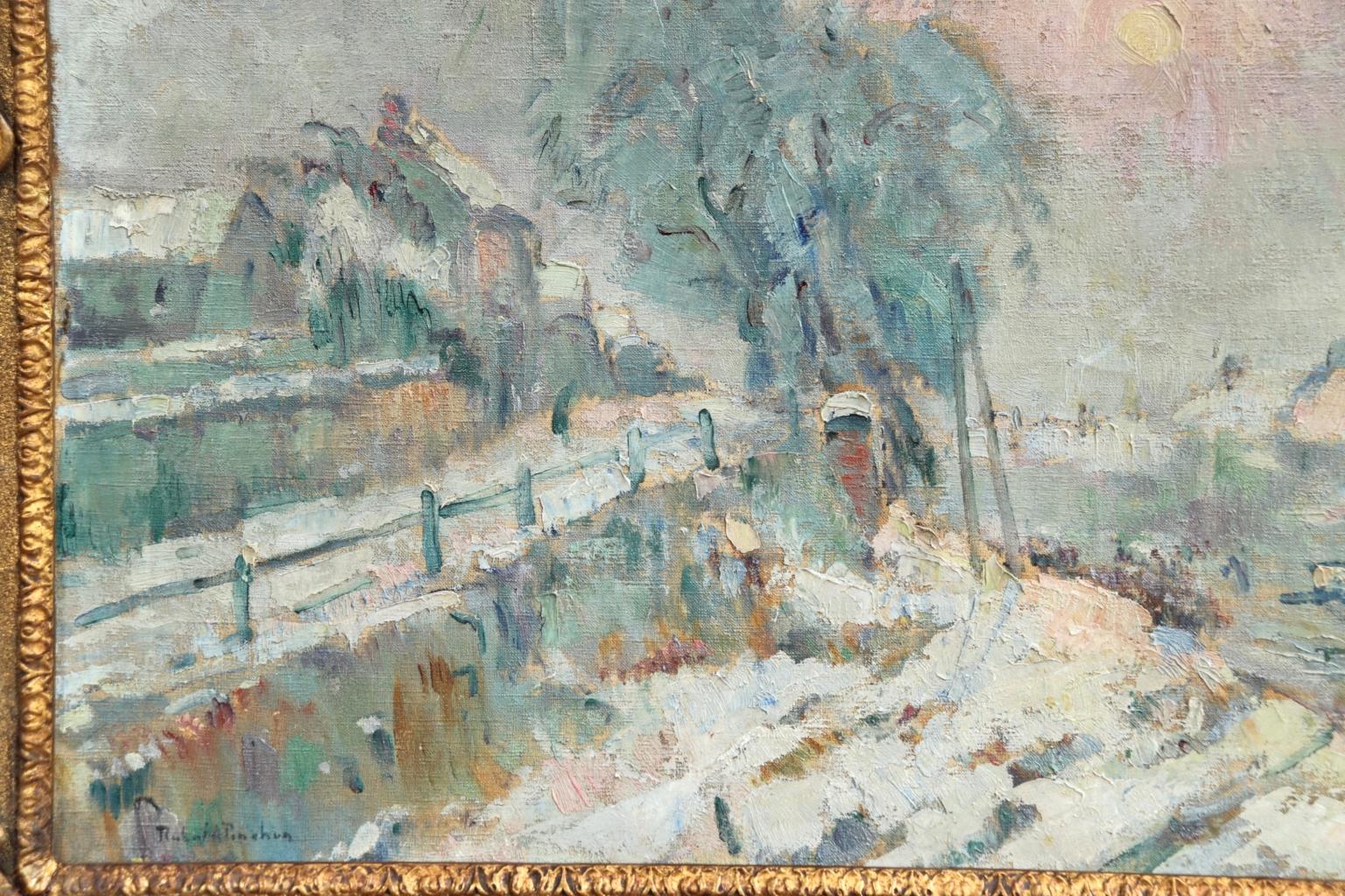 A stunning oil on canvas by French Impressionist painter Robert Antoine Pinchon depicting figures walking along a path through a snow covered landscape as the sun sits low in the wintery sky. The piece is beautifully coloured with pink and green