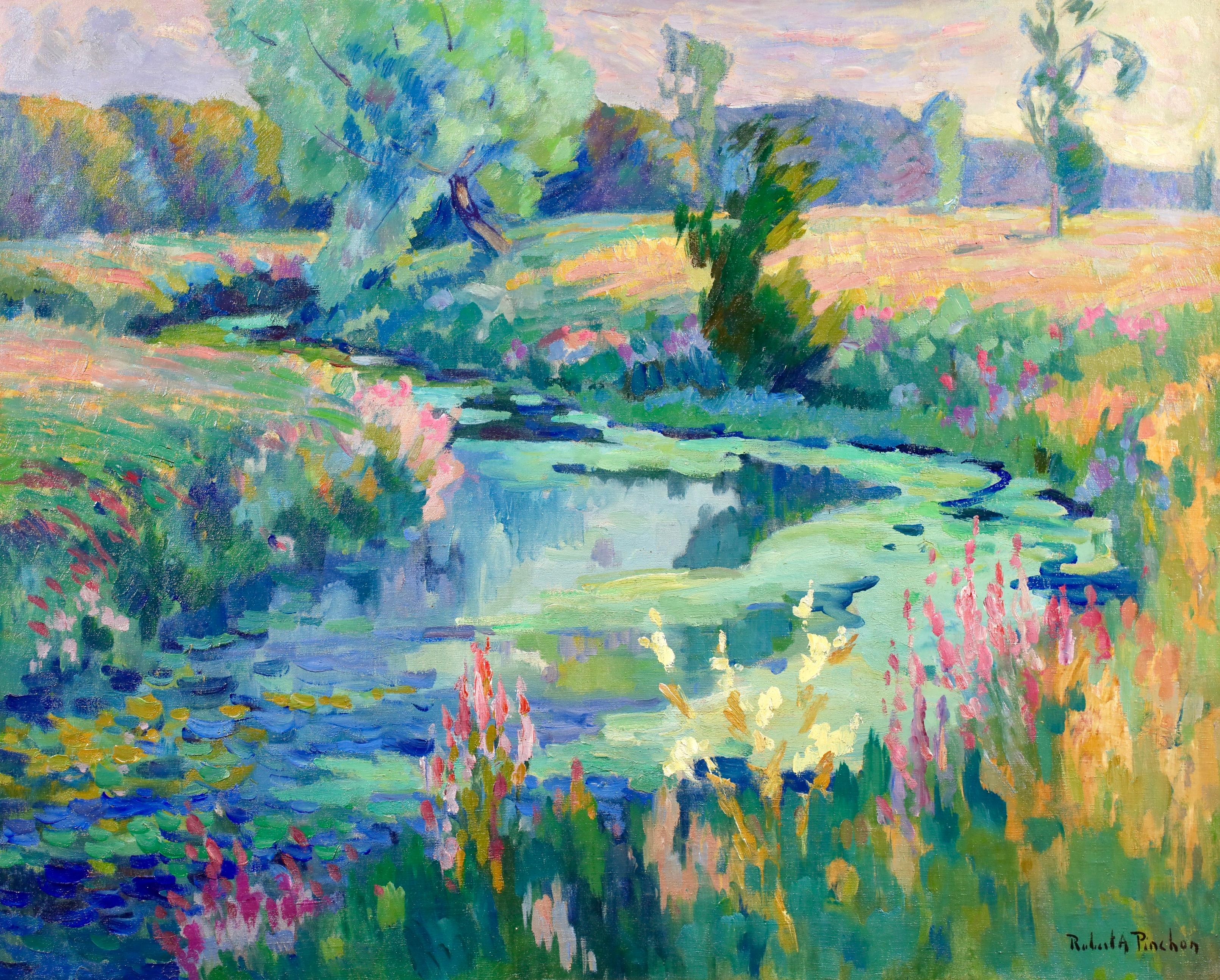 Paysage D'Ete - Paesaggio fluviale olio post impressionista di Robert Pinchon - Painting di Robert Antoine Pinchon