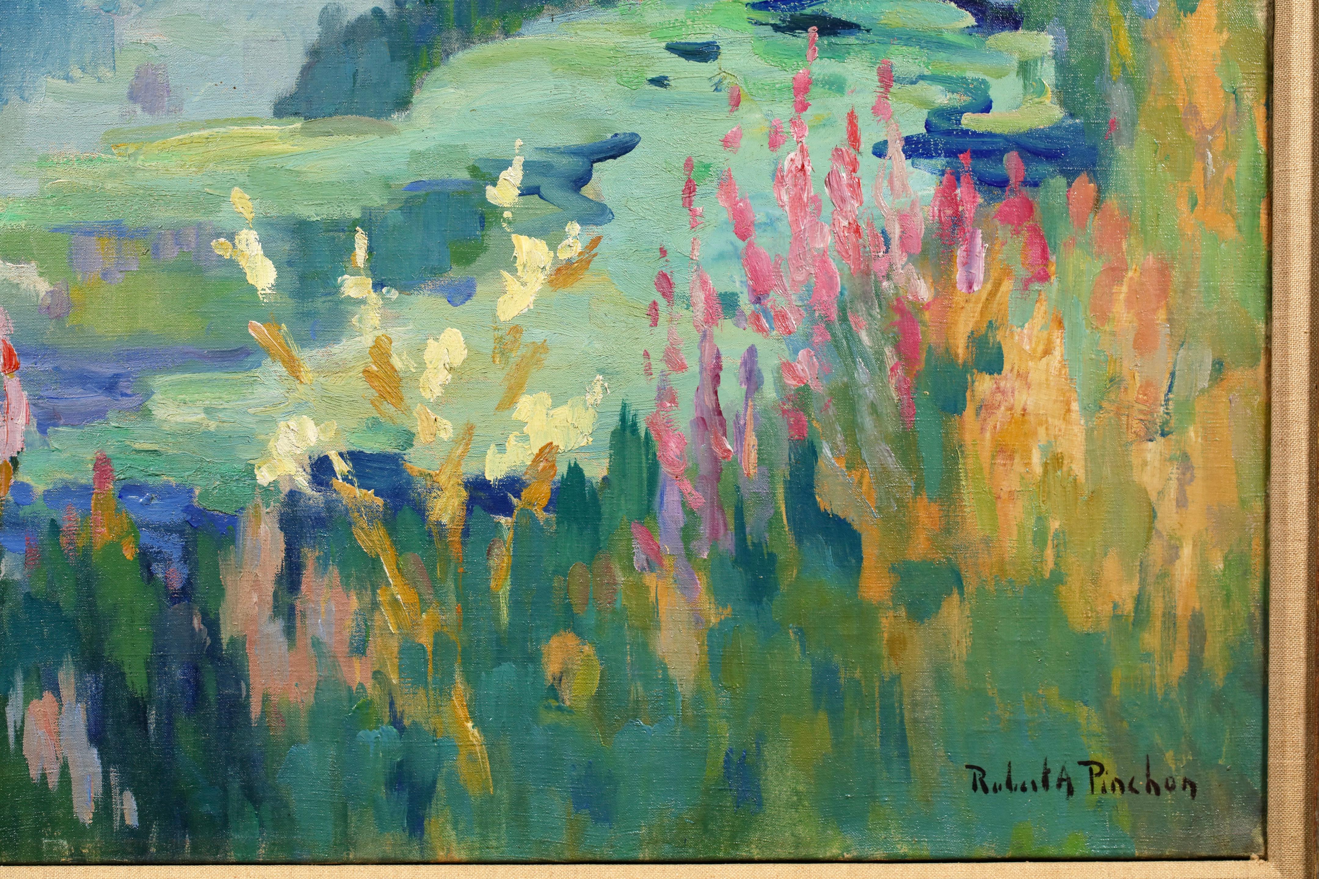 Paysage D'Ete - Paesaggio fluviale olio post impressionista di Robert Pinchon - Figurative Painting Marrone di Robert Antoine Pinchon