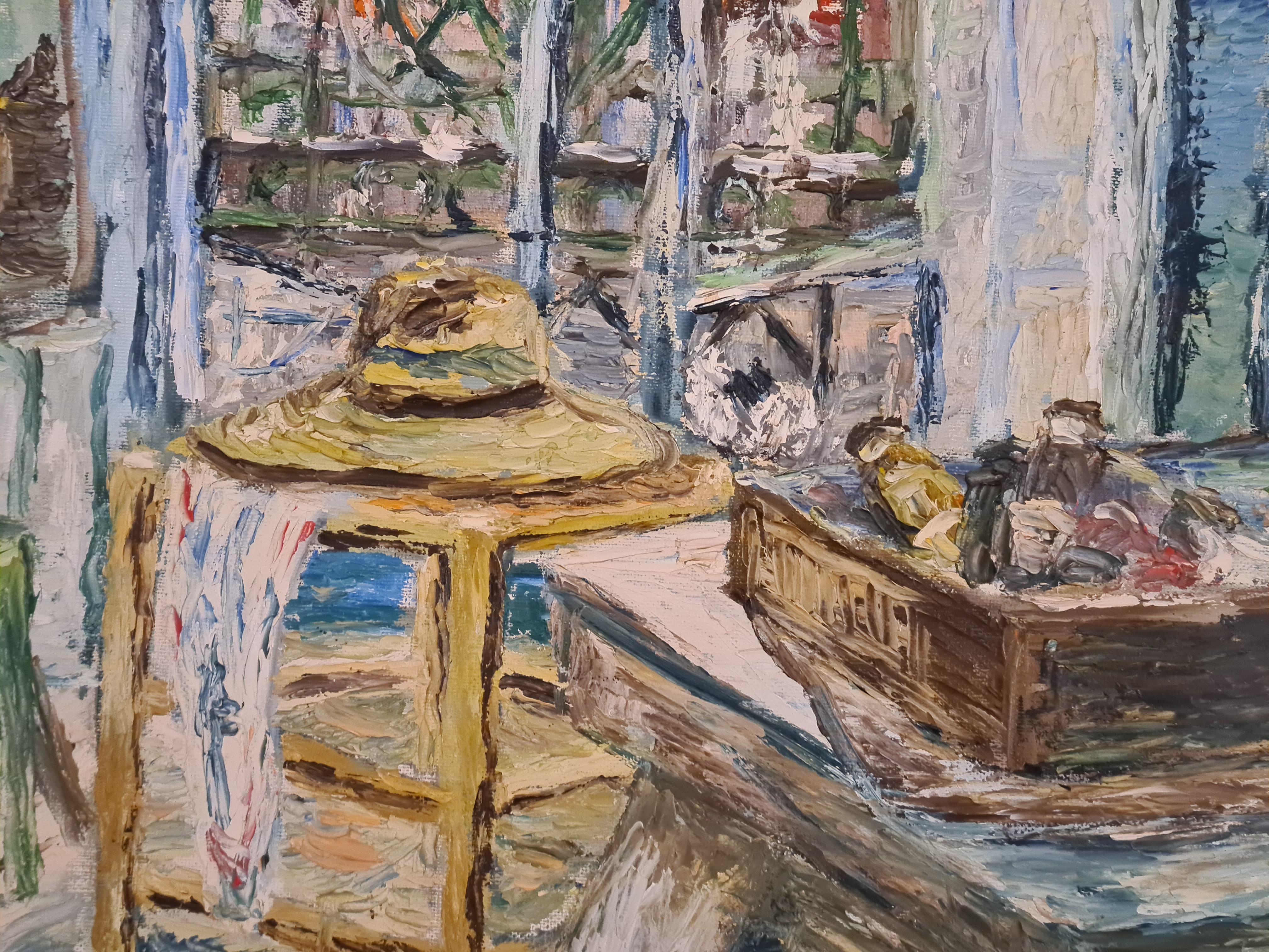 Mid 20th century French Impressionist oil on canvas view of an elegant interior being used as the artist's atelier by Robert Arzalier. Signed bottom right and with artist's name and address to the rear stretcher. The painting is currently unframed,