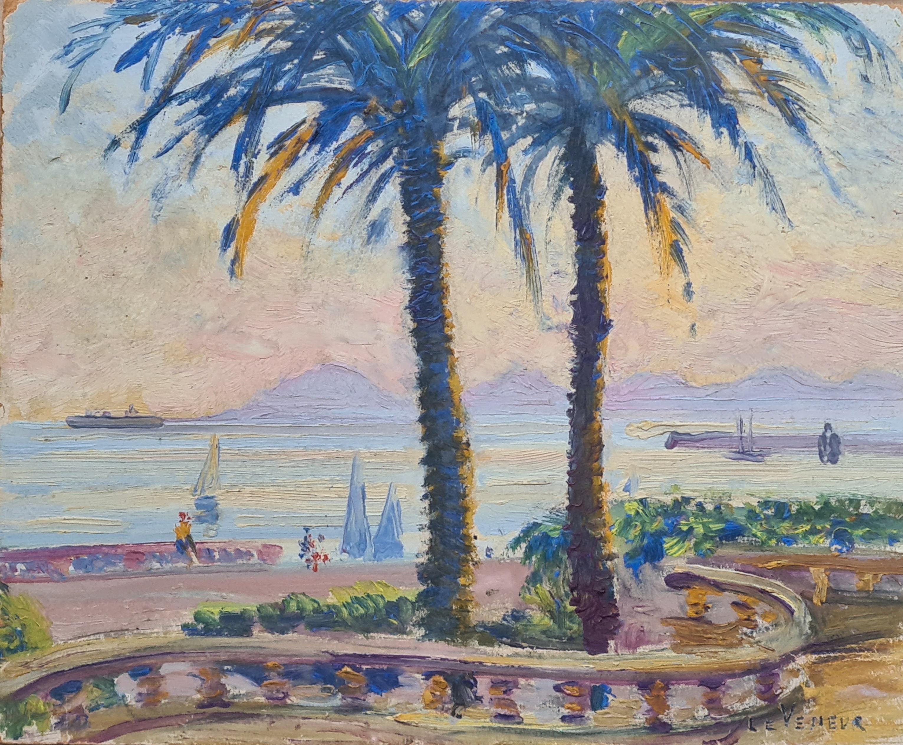 La Croisette, Cannes, Paesaggio marino francese olio su tavola - Painting di Robert Auguste Jaeger aka Le Veneur