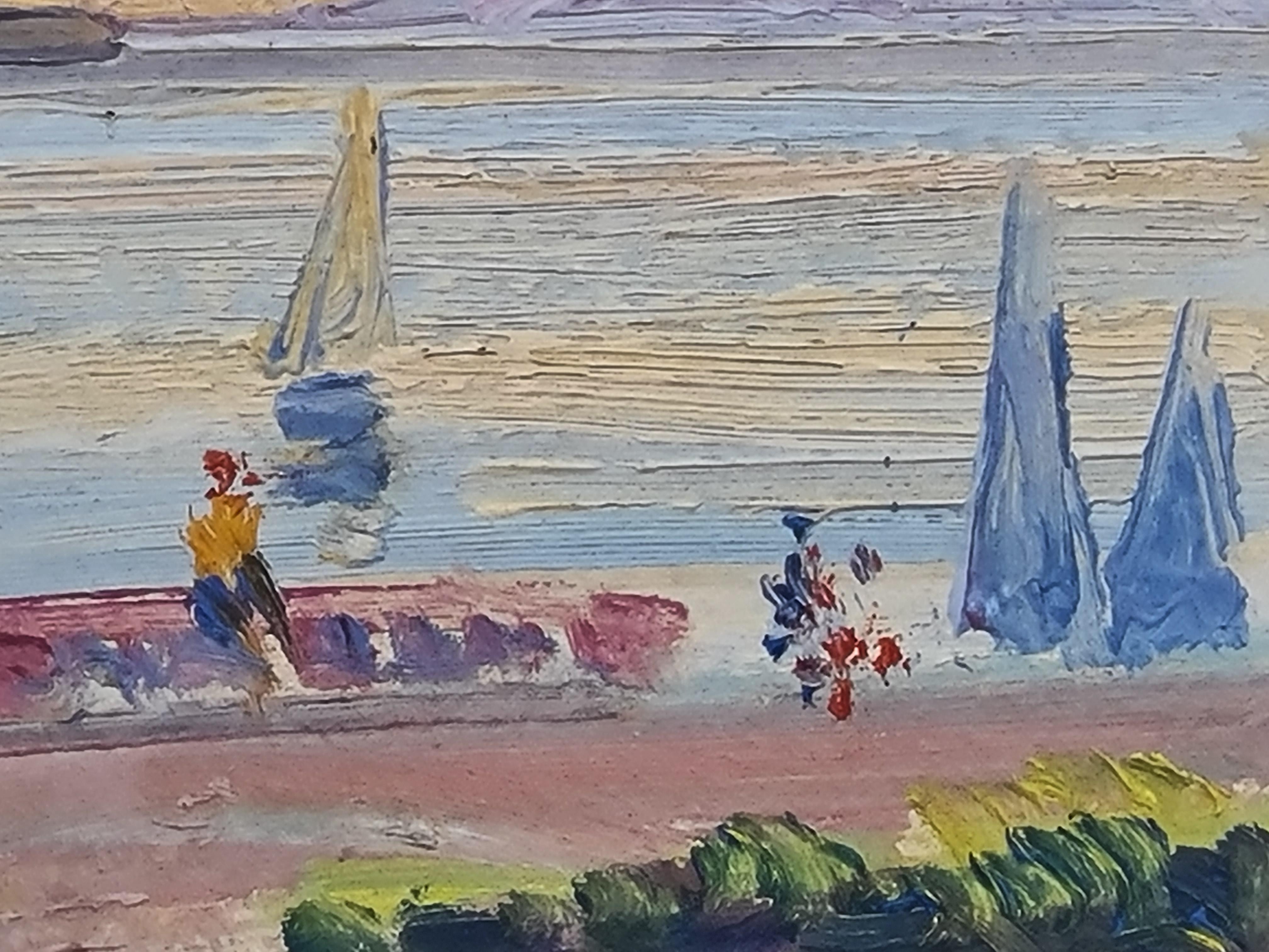 La Croisette, Cannes, French Oil on Board Seascape - Impressionist Painting by Robert Auguste Jaeger aka Le Veneur