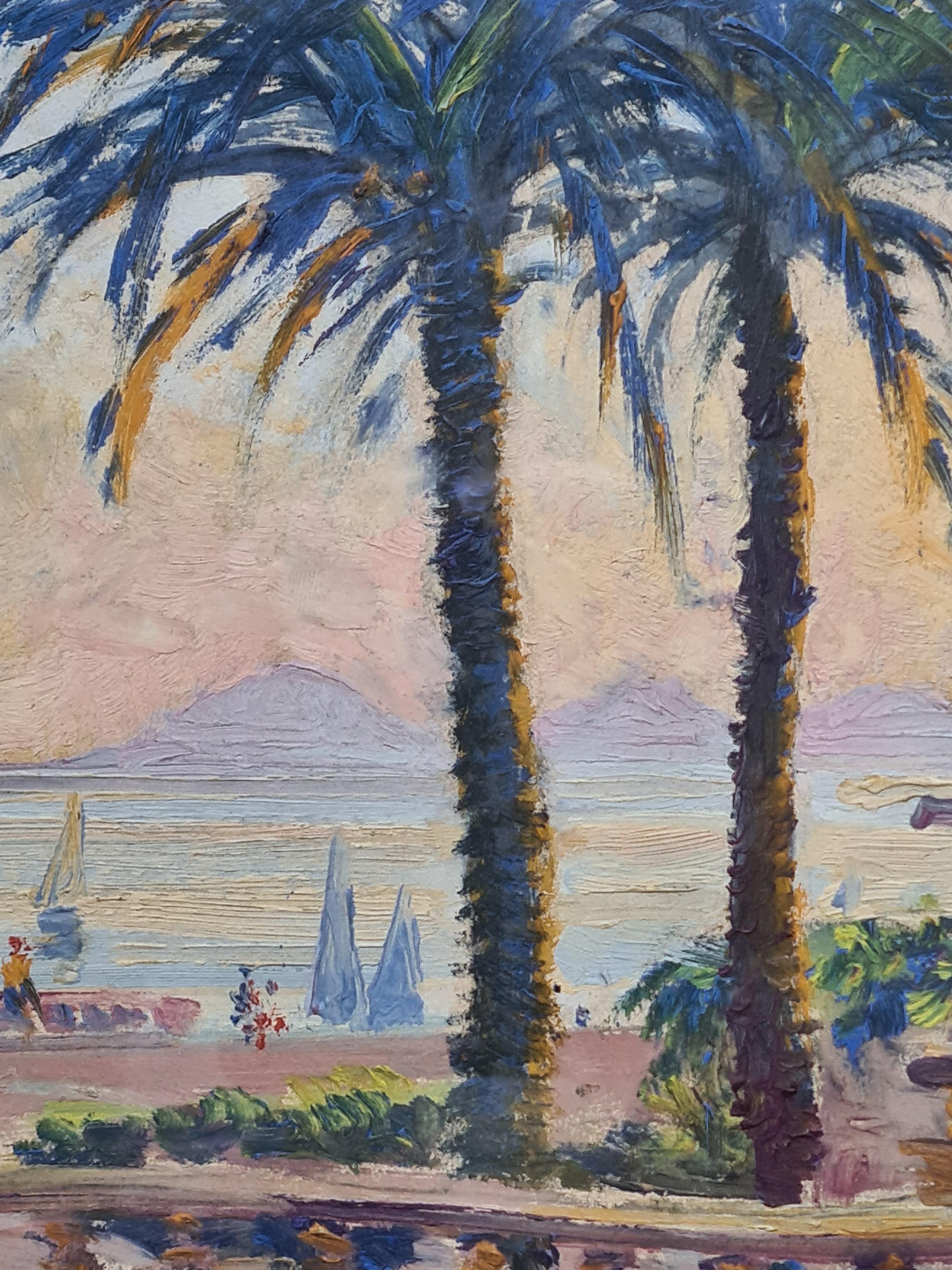 A mid century oil on board view of the seafront at Cannes in the South of France by Robert Auguste Jaeger also known as Le Veneur. Signed 'Le Veneur' bottom right presented in modern wood frame under glass.

A charming painting of the view of the