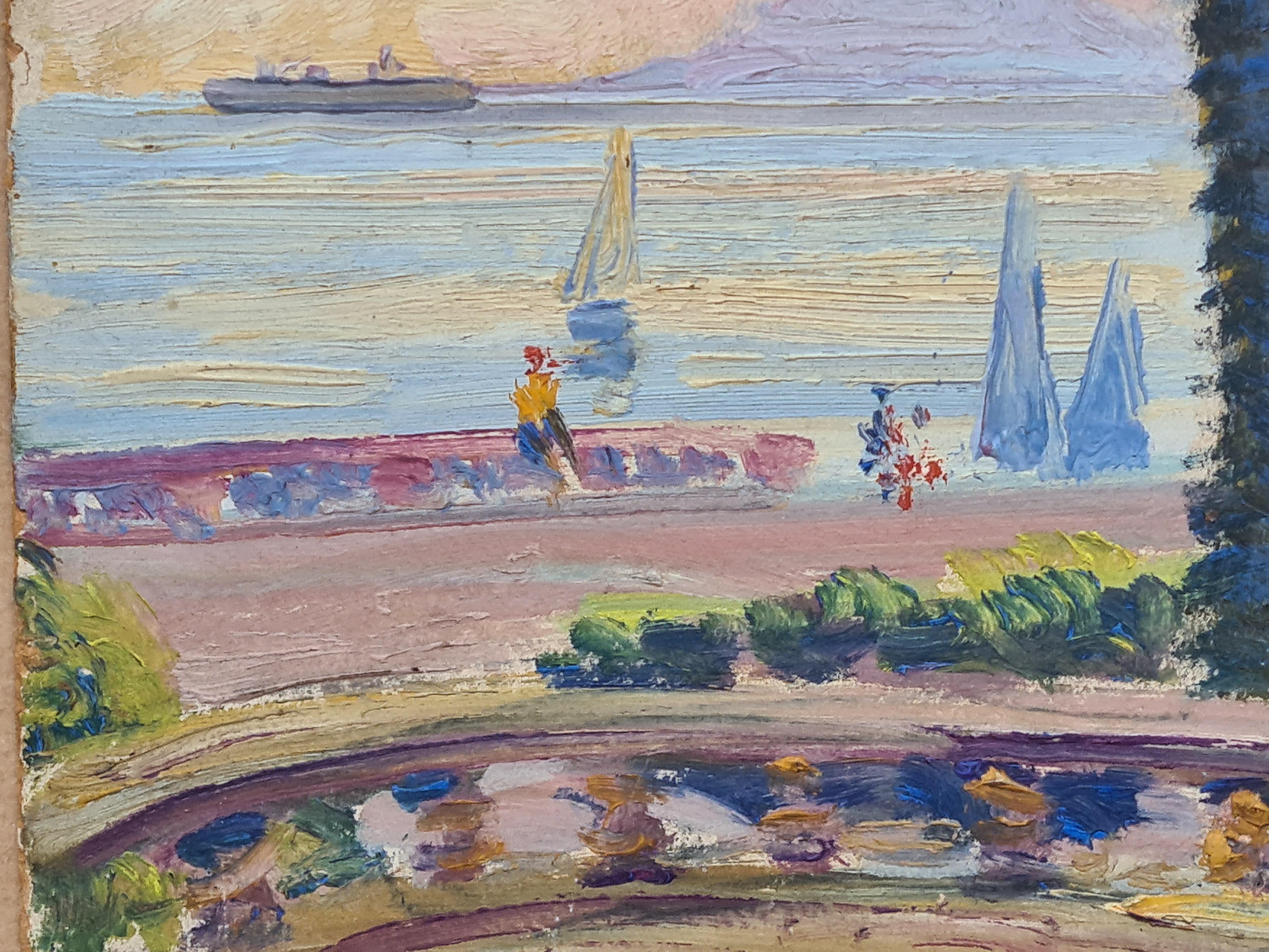La Croisette, Cannes, Paesaggio marino francese olio su tavola 4