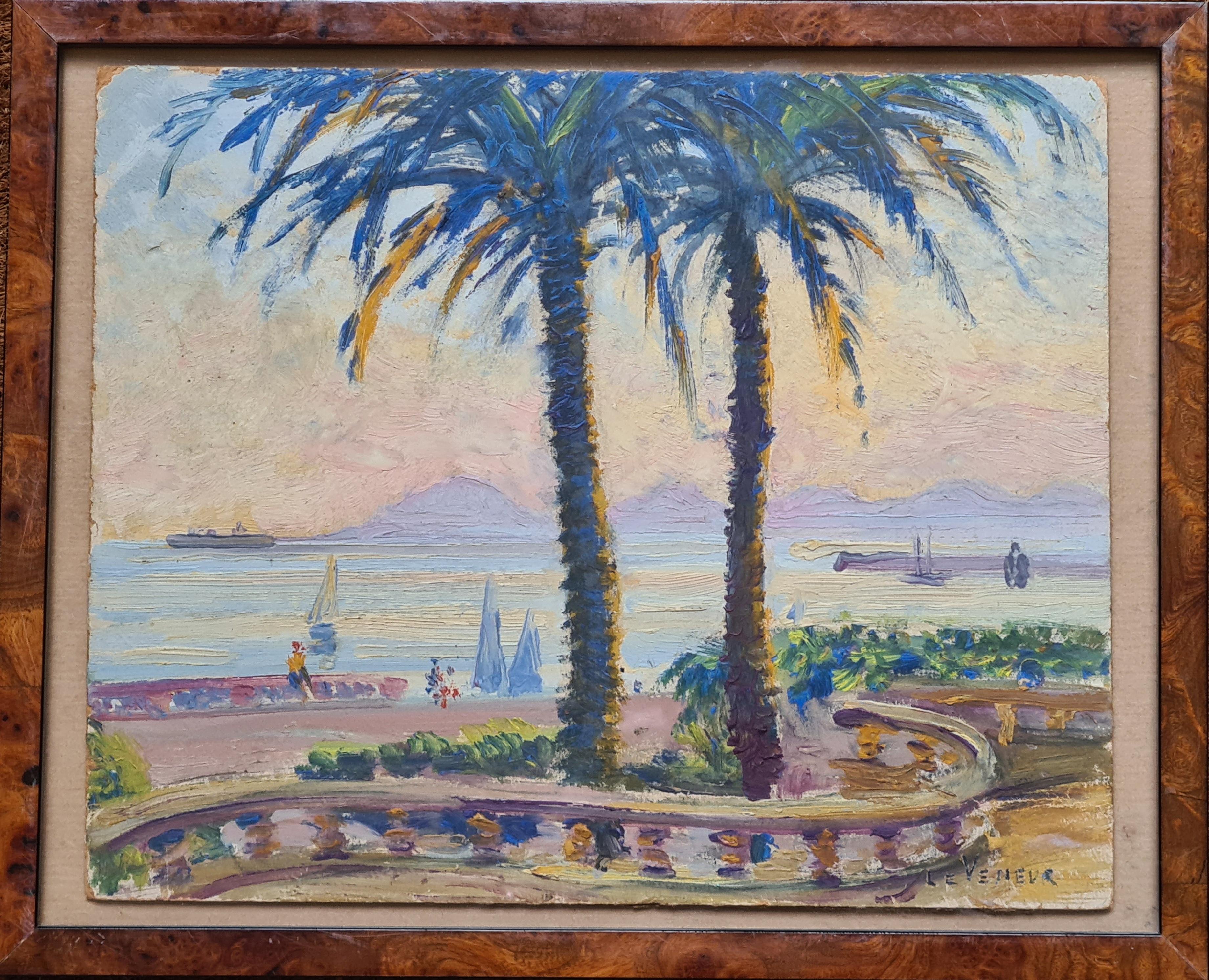 Robert Auguste Jaeger aka Le Veneur Figurative Painting - La Croisette, Cannes, French Oil on Board Seascape