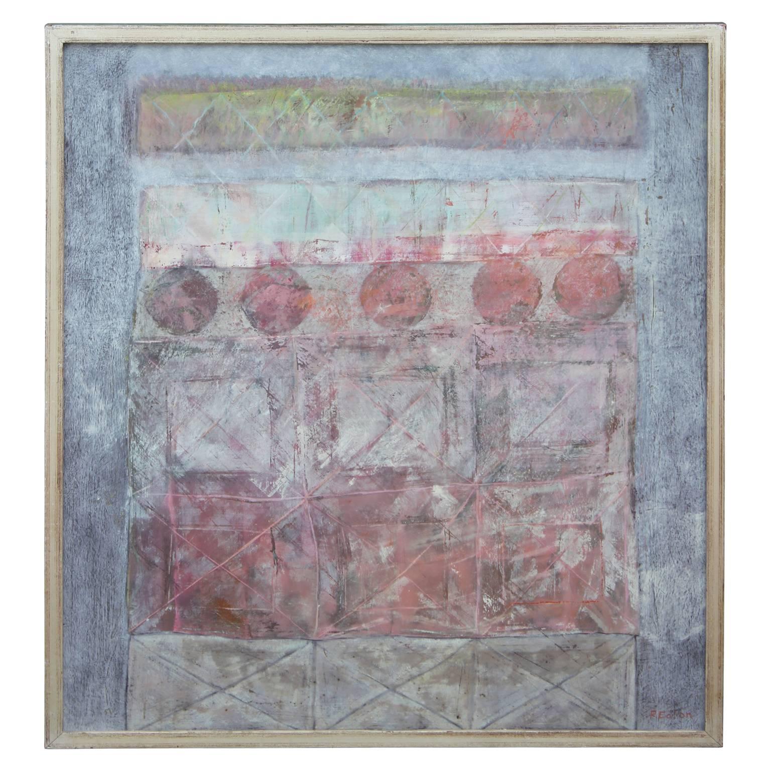 Abstract Painting di Robert B. Eaton - "Traliccio in grigio" Astratto rosso, blu e grigio